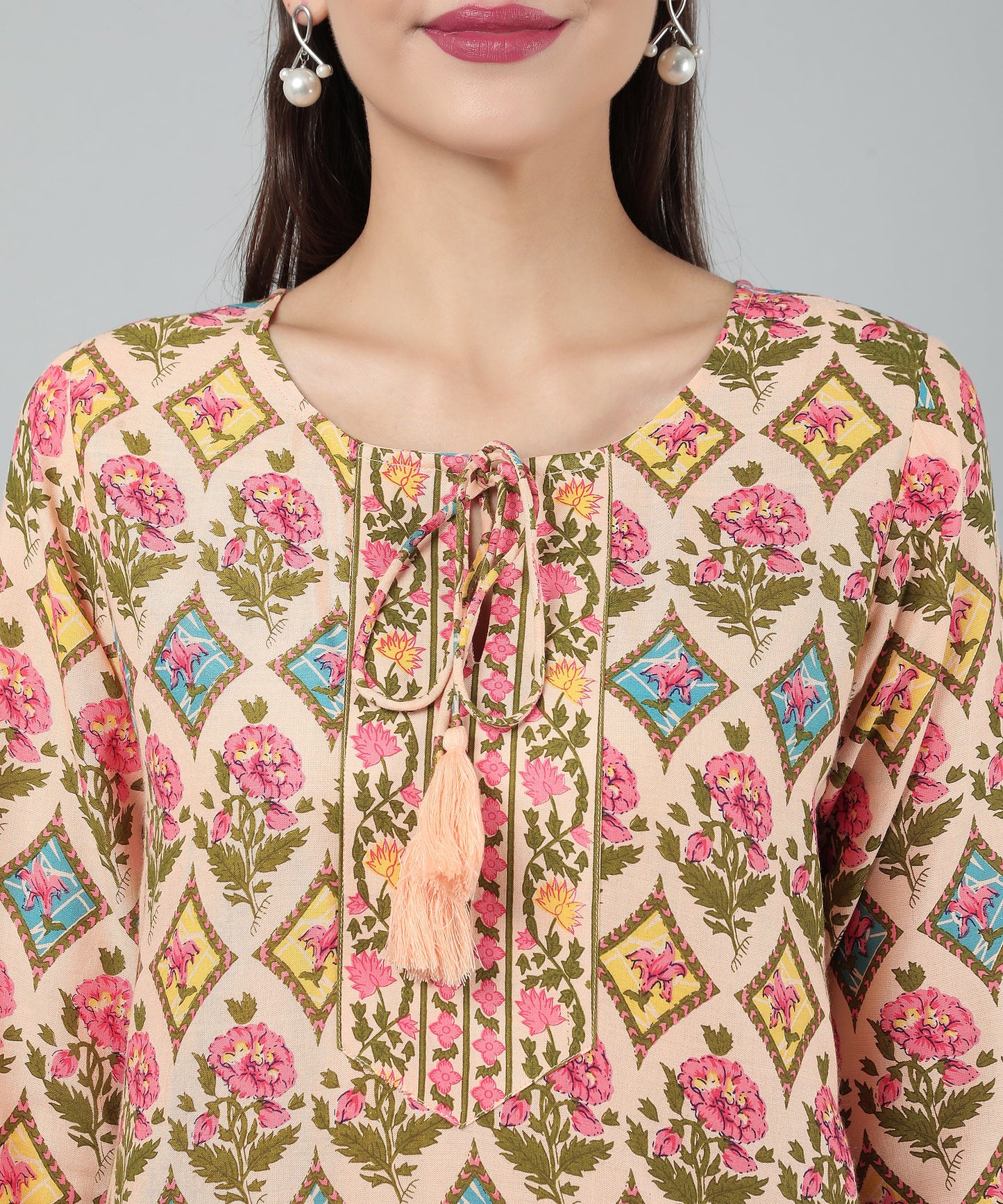 Pritned Rayon Cotton Kurti with Keyhole Neck Tassels and Drawstring,Orange