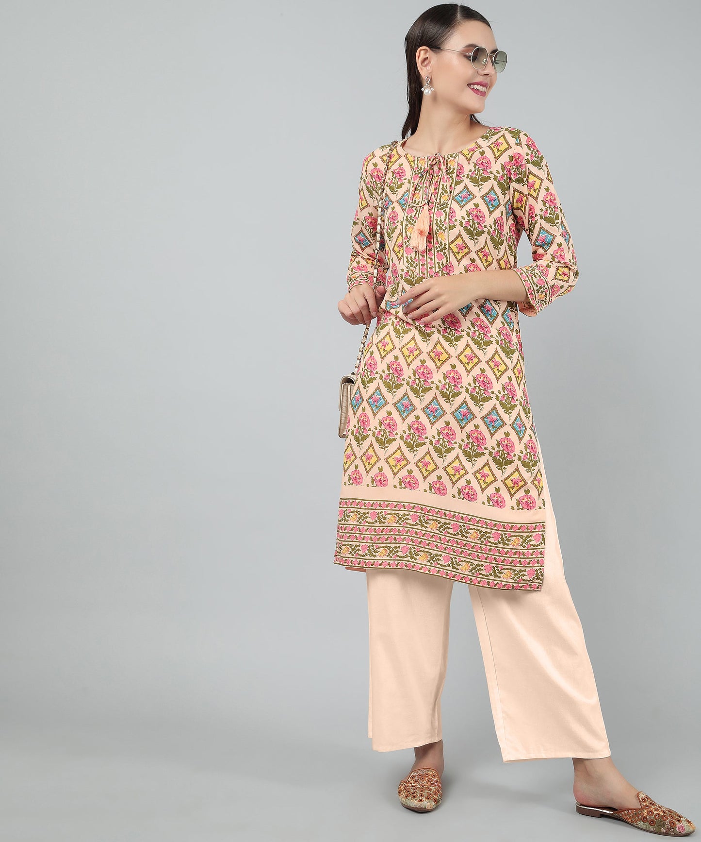 Pritned Rayon Cotton Kurti with Keyhole Neck Tassels and Drawstring,Orange