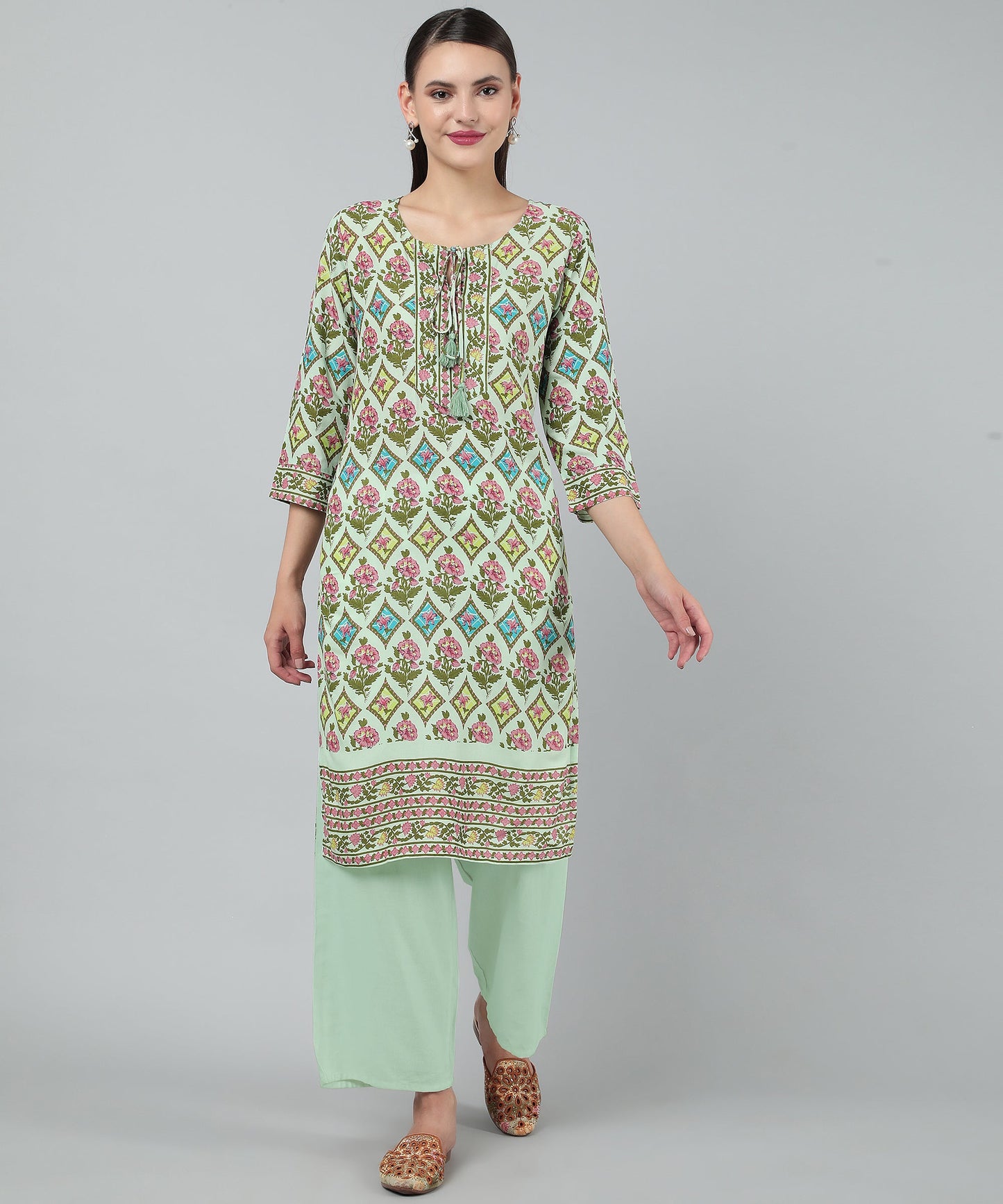 Pritned Rayon Cotton Kurti with Keyhole Neck Tassels and Drawstring,Green