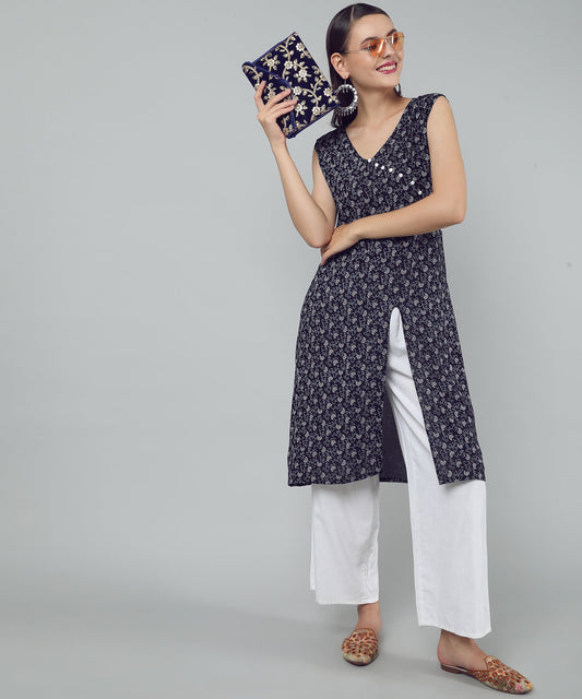 A-Line Stylish Center Slit Sleveeless Printed Cotton Kurti, Blue