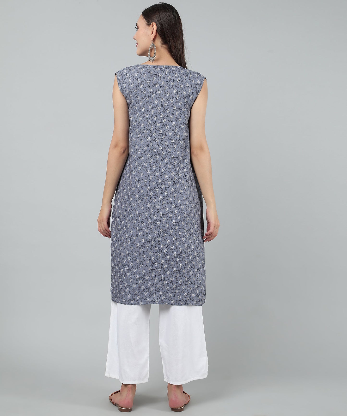 A-Line Stylish Center Slit Sleveeless Printed Cotton Kurti,Grey