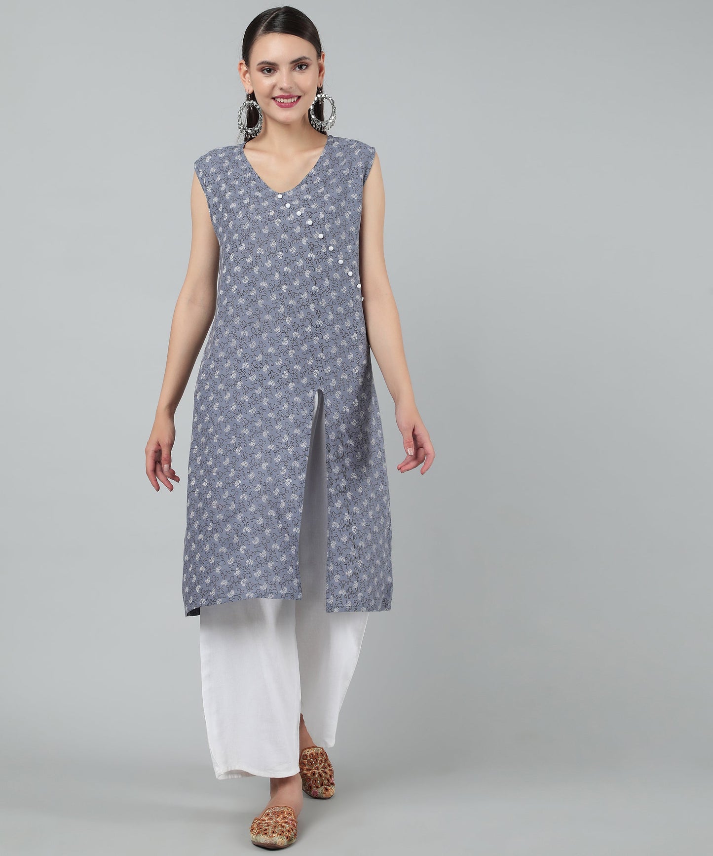 A-Line Stylish Center Slit Sleveeless Printed Cotton Kurti,Grey