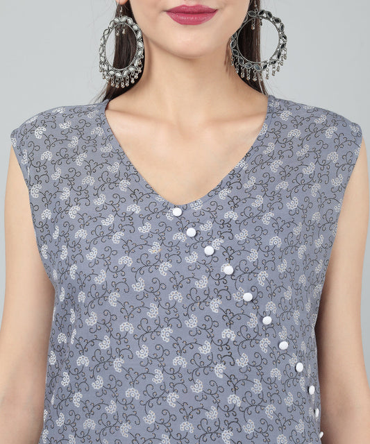 A-Line Stylish Center Slit Sleveeless Printed Cotton Kurti,Grey