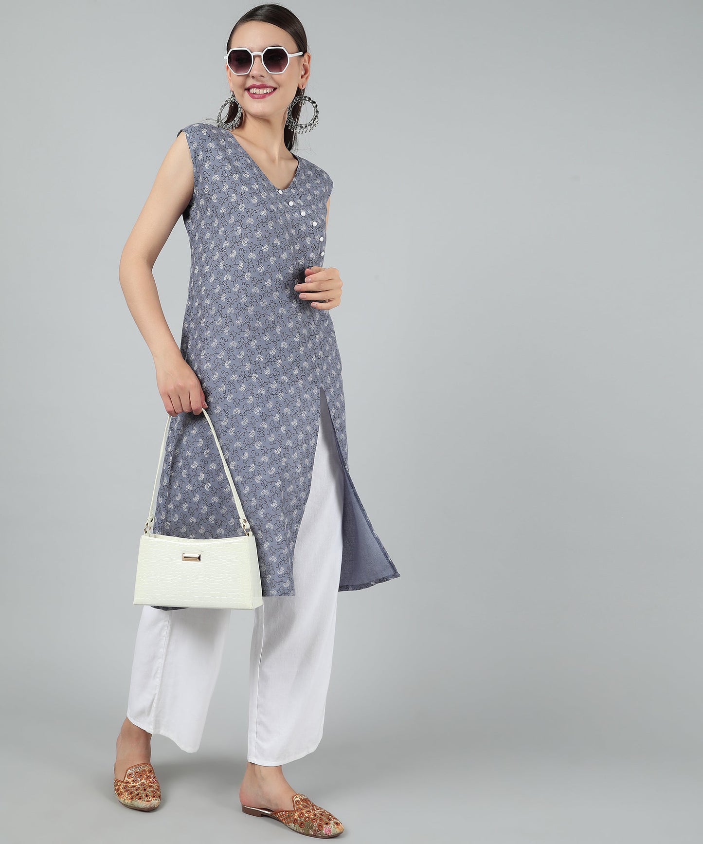 A-Line Stylish Center Slit Sleveeless Printed Cotton Kurti,Grey