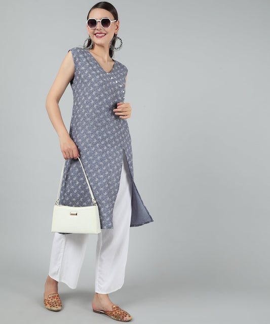 A-Line Stylish Center Slit Sleveeless Printed Cotton Kurti,Grey