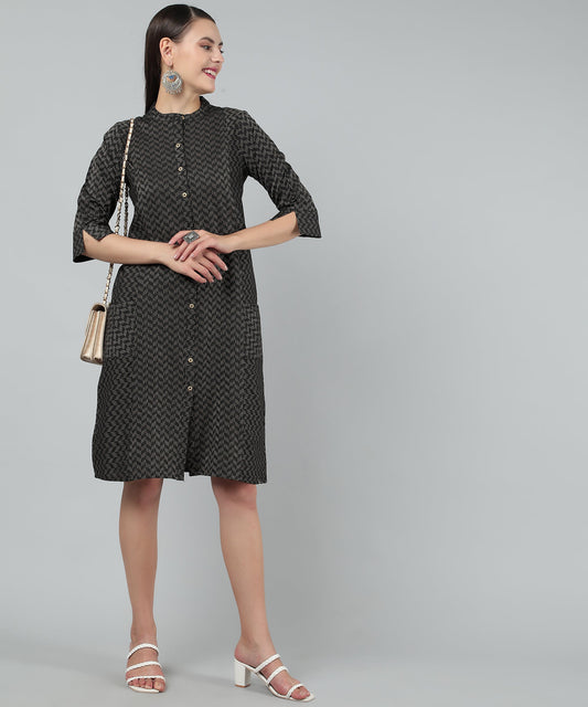 Self Weaved A-line Dress for Women Open Button Design,Black