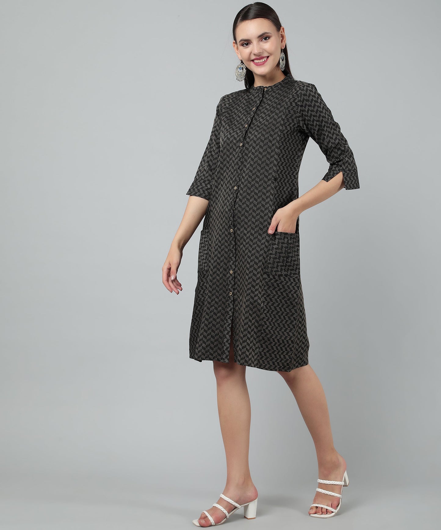 Self Weaved A-line Dress for Women Open Button Design,Black