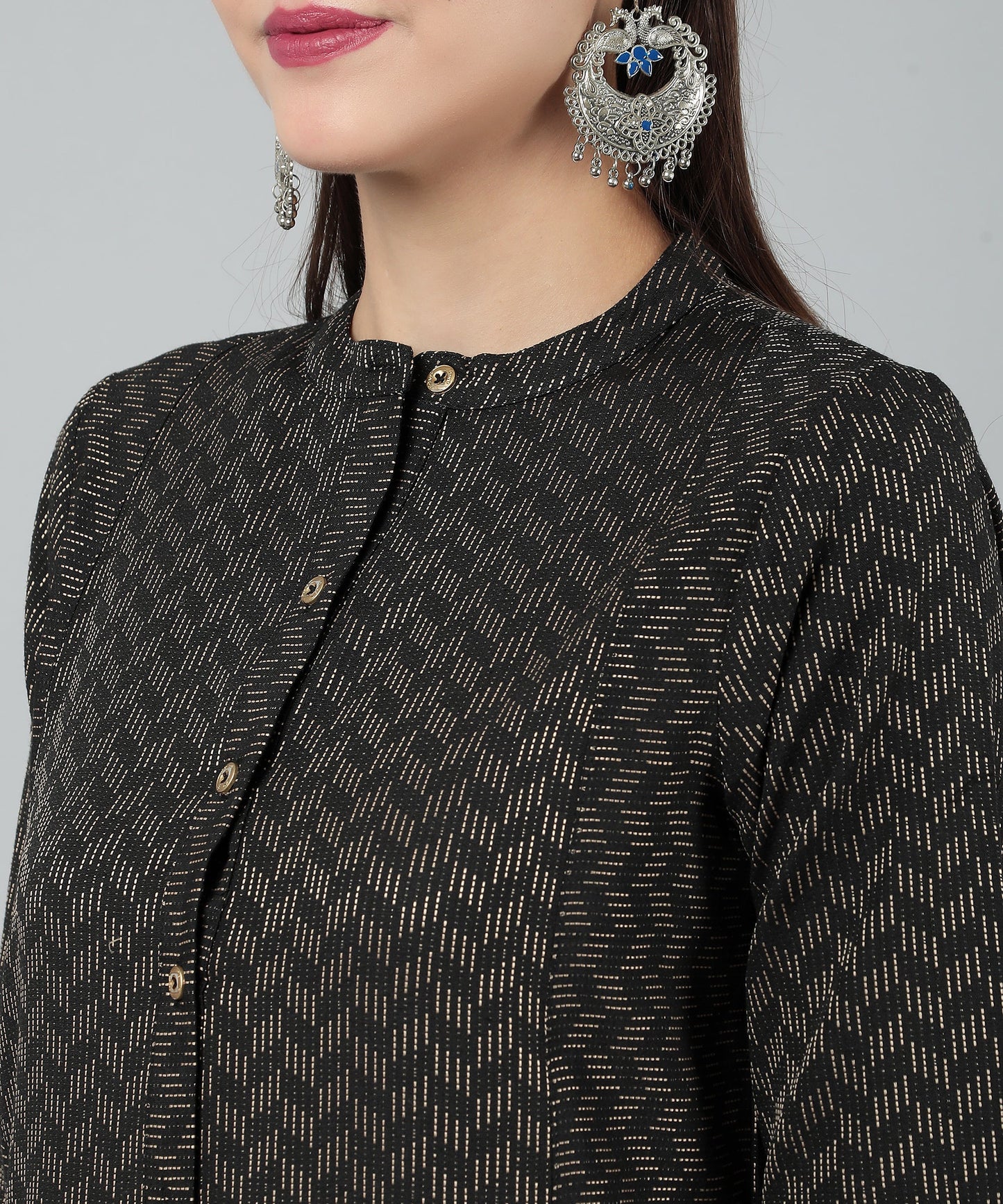 Self Weaved A-line Dress for Women Open Button Design,Black