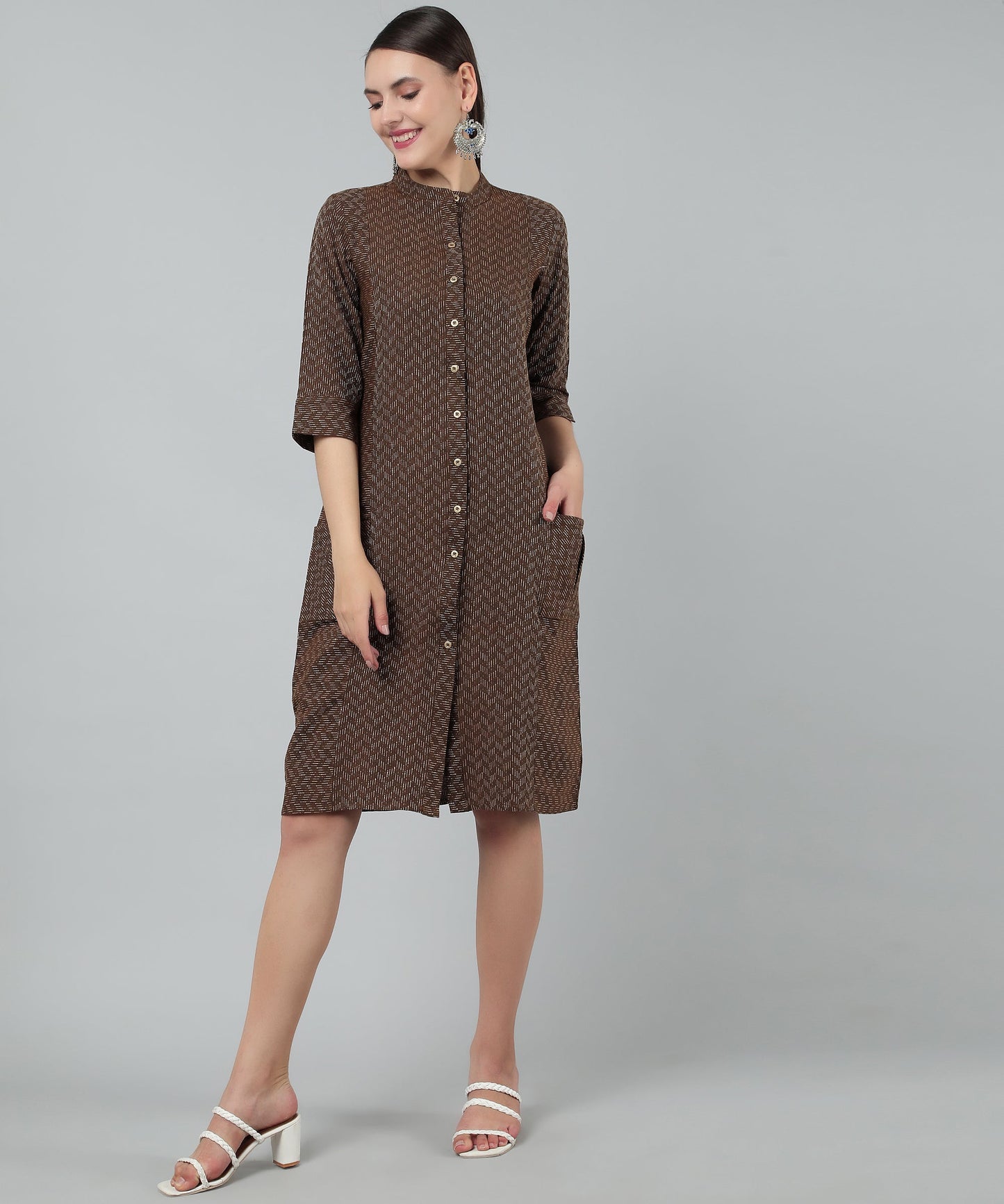 Self Weaved A-line Dress for Women Open Button Design, Brown
