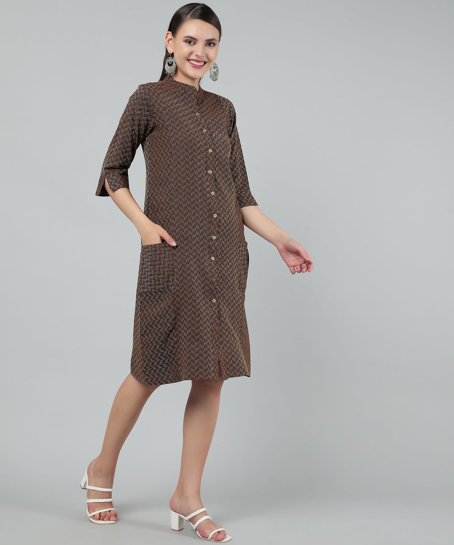 Self Weaved A-line Dress for Women Open Button Design, Brown