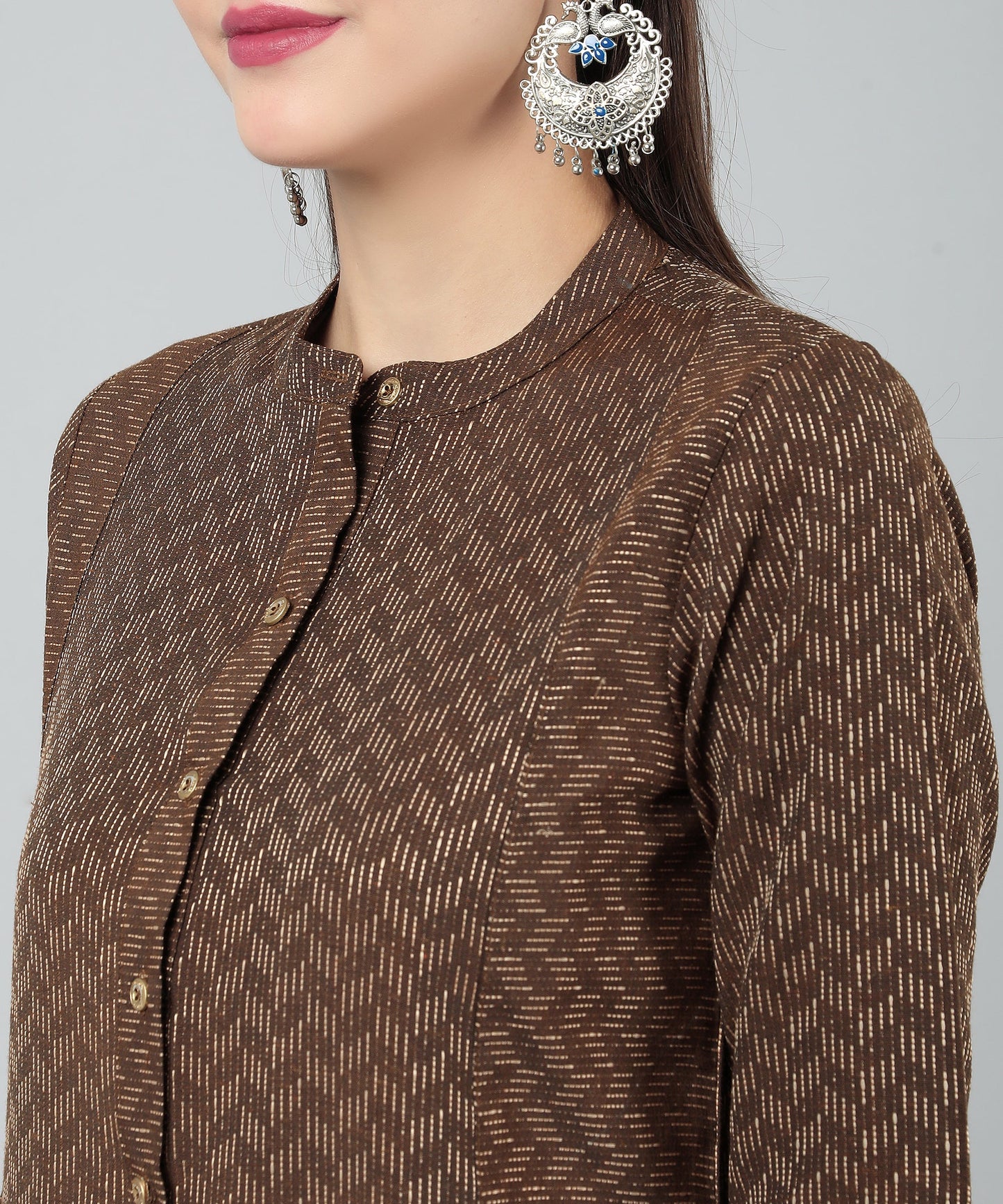 Self Weaved A-line Dress for Women Open Button Design, Brown