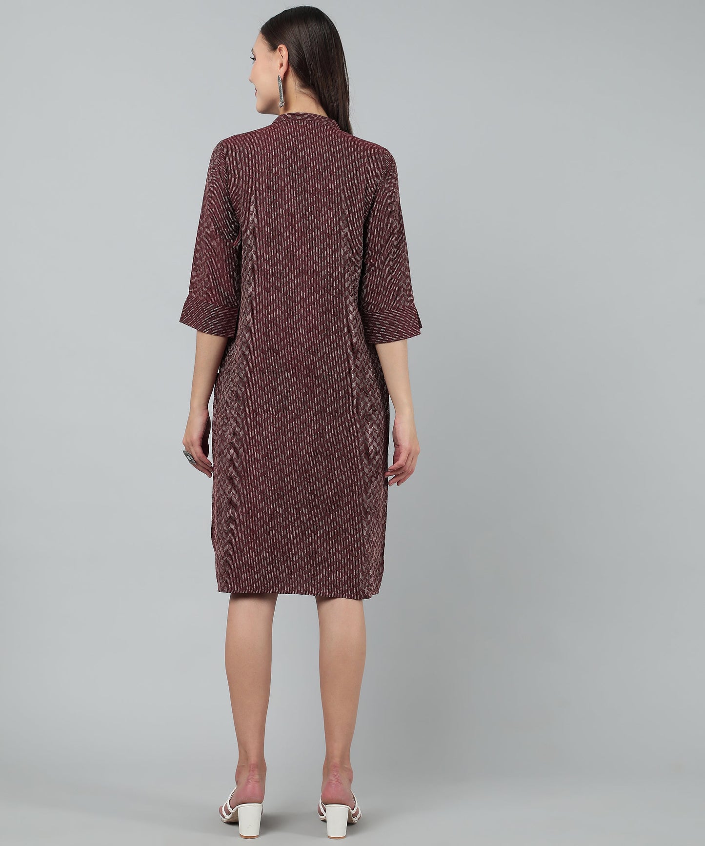 Self Weaved A-line Dress for Women Open Button Design, Maroon