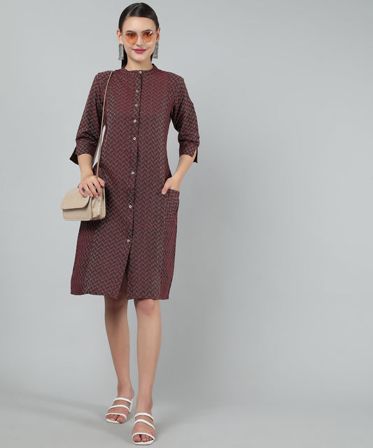 Self Weaved A-line Dress for Women Open Button Design, Maroon