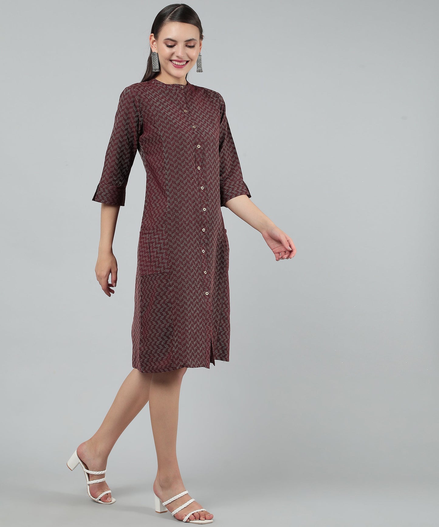 Self Weaved A-line Dress for Women Open Button Design, Maroon