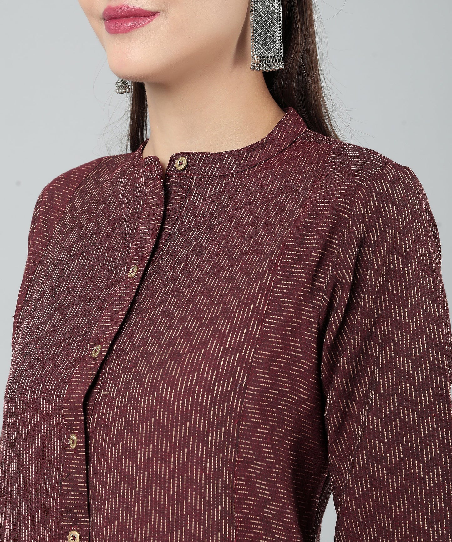 Self Weaved A-line Dress for Women Open Button Design, Maroon