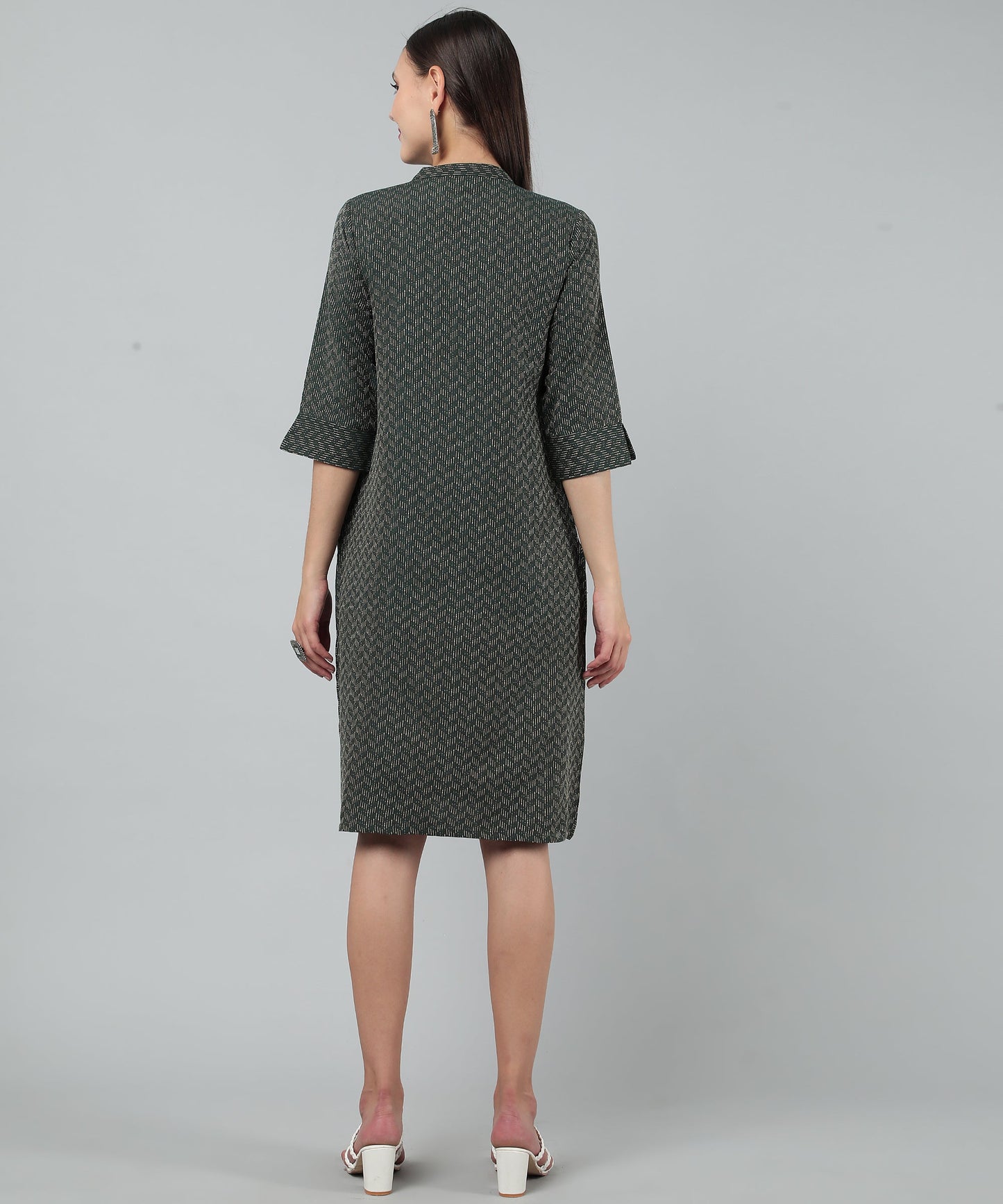 Self Weaved A-line Dress for Women Open Button Design,Green