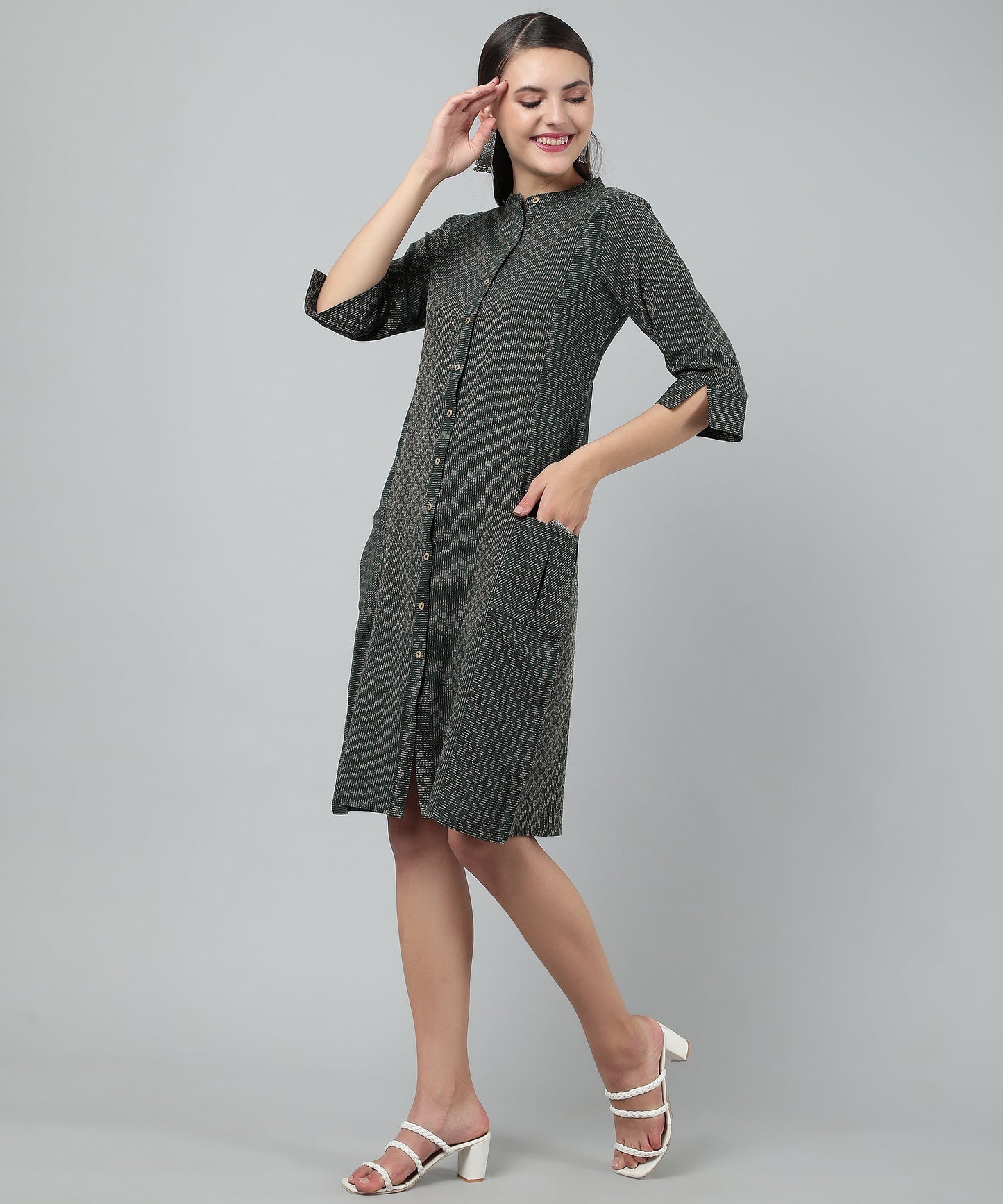 Self Weaved A-line Dress for Women Open Button Design,Green