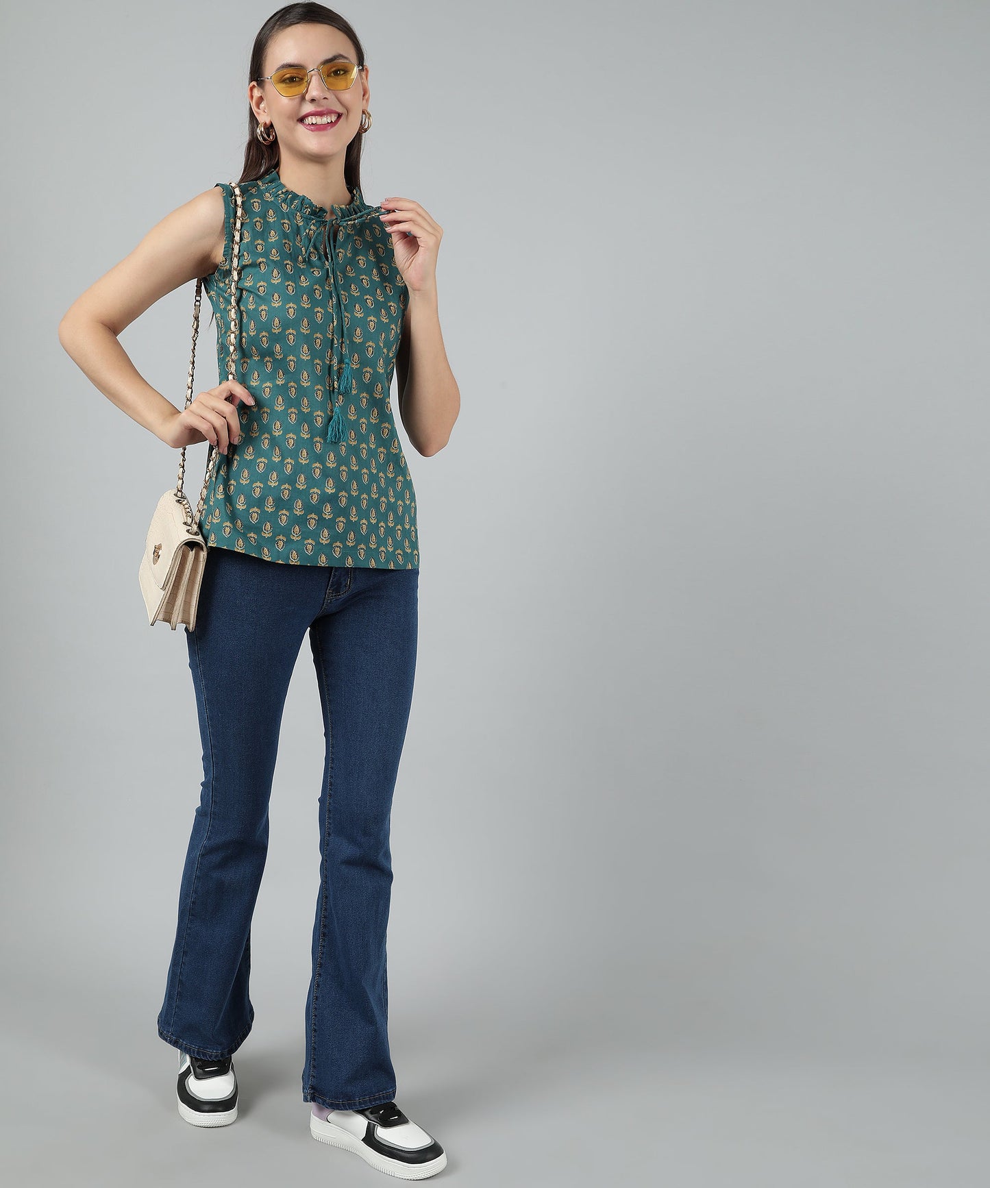 Cotton Printed Sleeveless Regular Fit Office Wear Casual Wear Top, Green