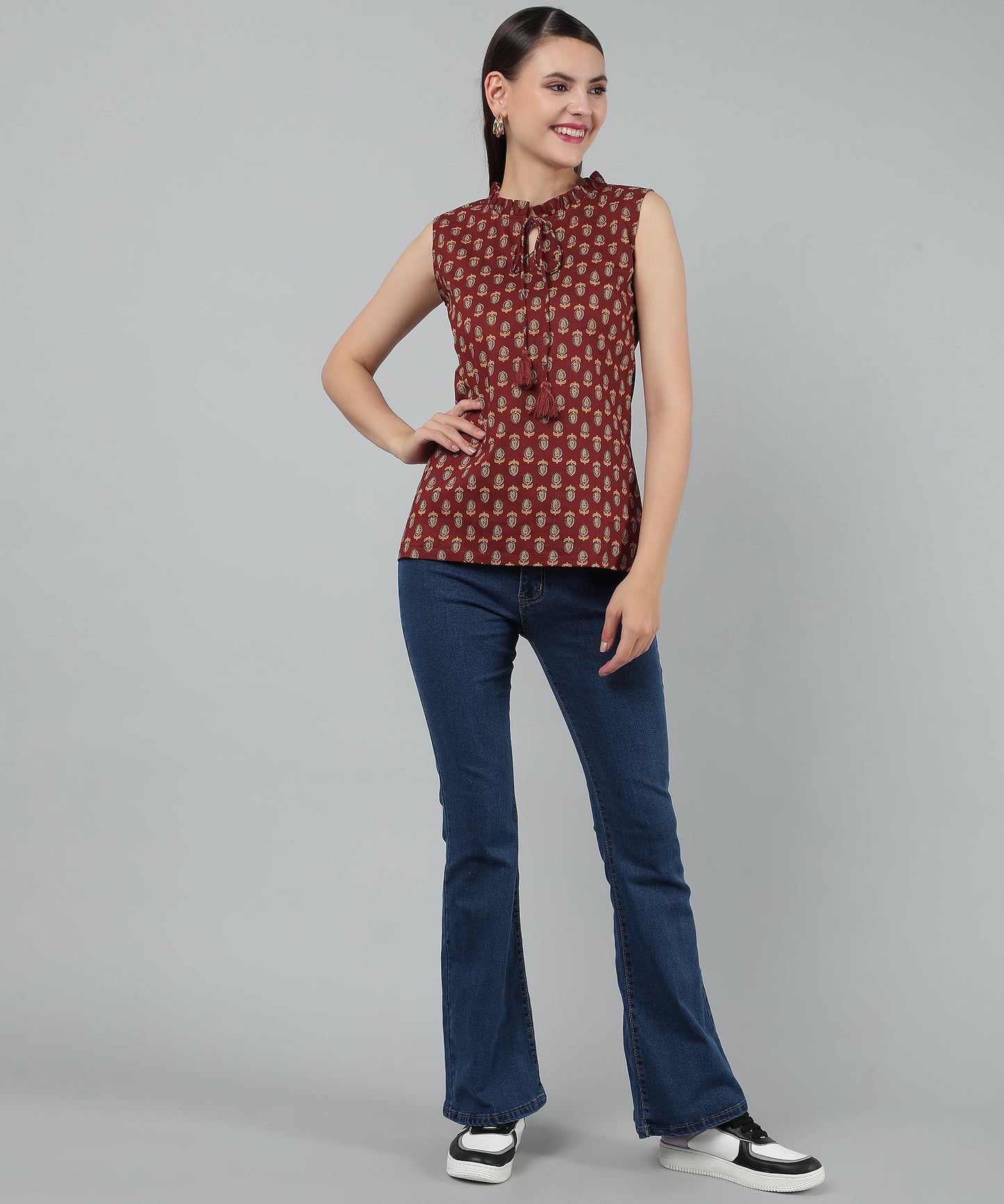 Cotton Printed Sleeveless Regular Fit Office Wear Casual Wear Top, Maroon