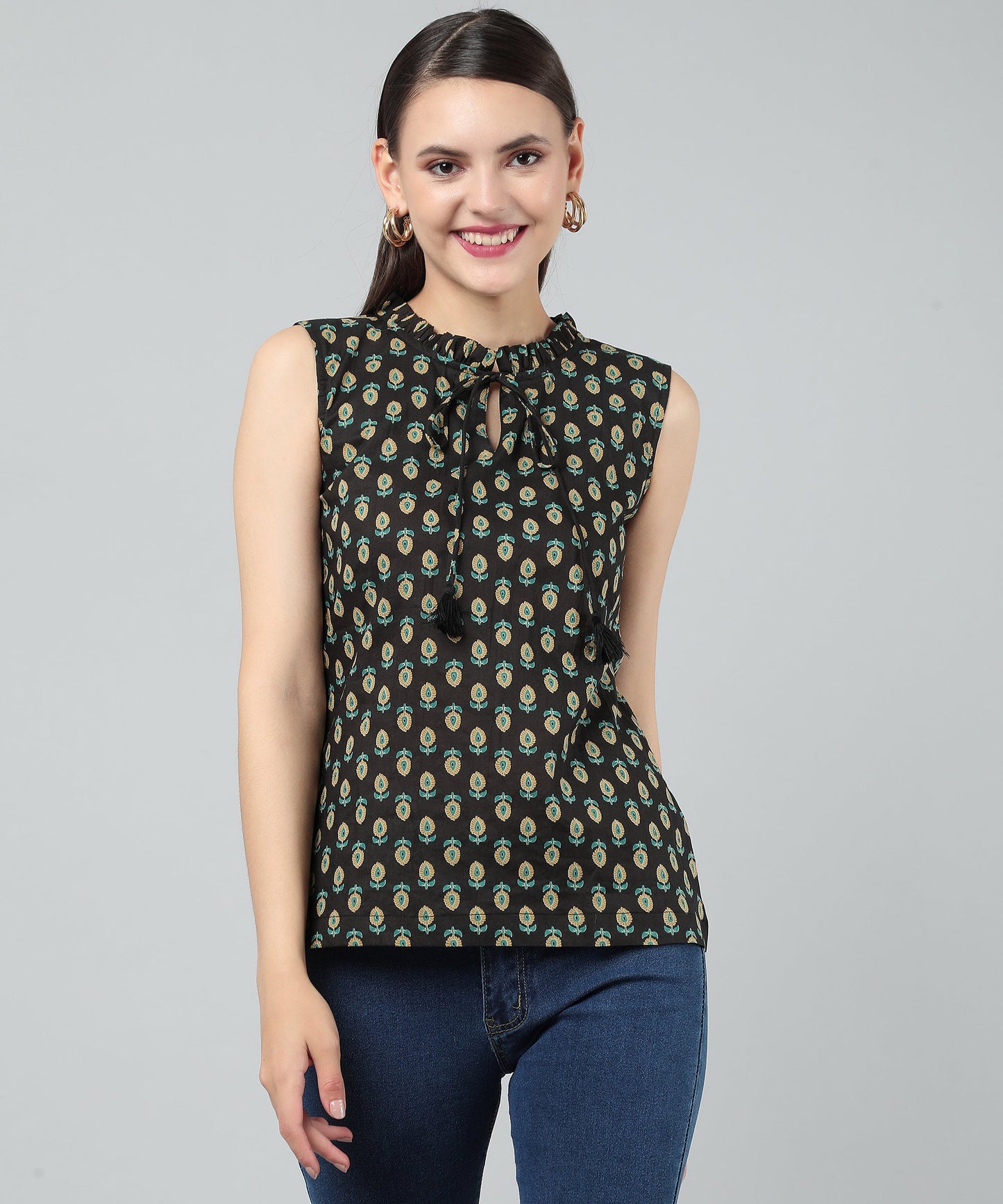 Cotton Printed Sleeveless Regular Fit Office Wear Casual Wear Top, Black