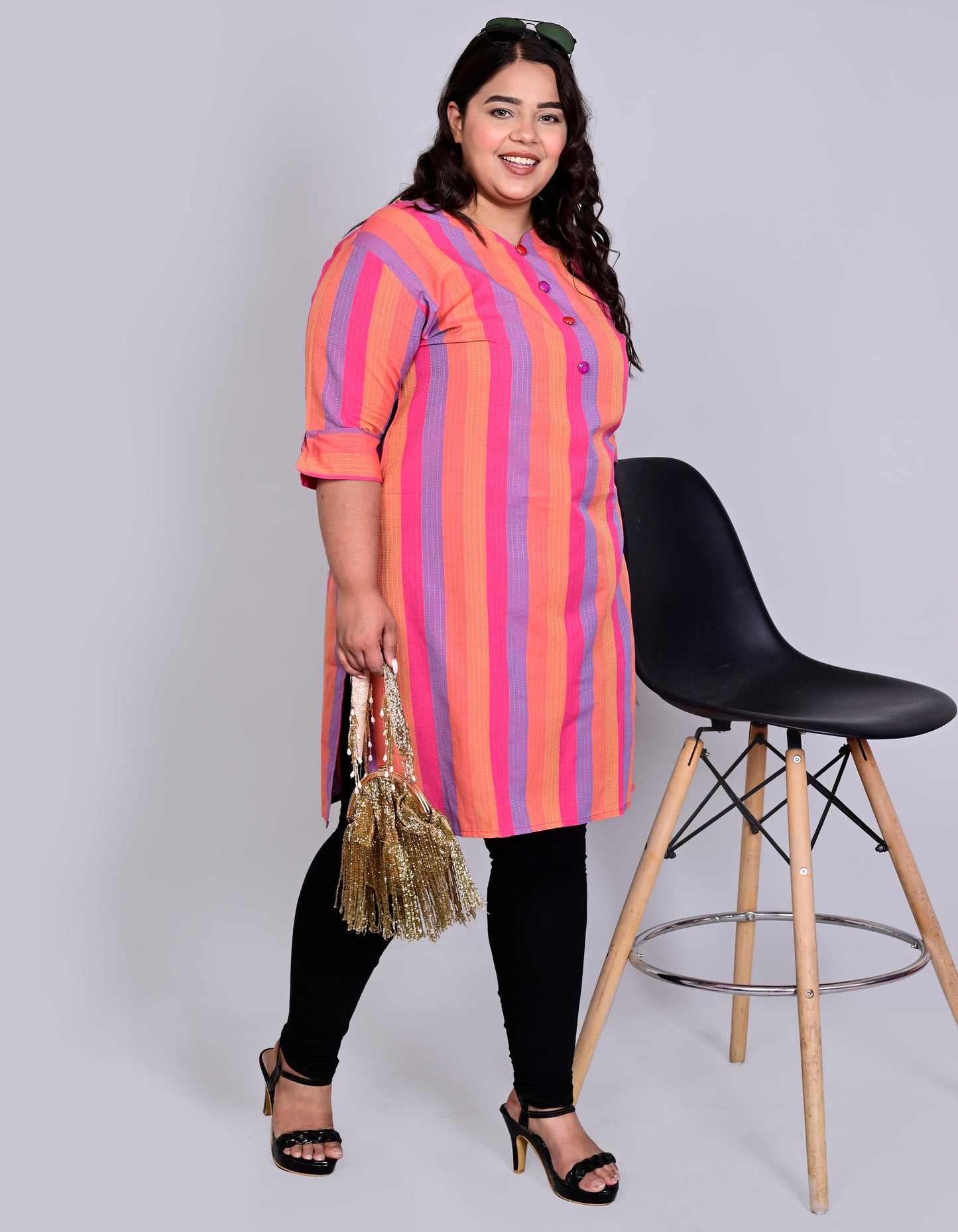 Cotton Self Weaved Multi Colour Striped Kurta, Pink
