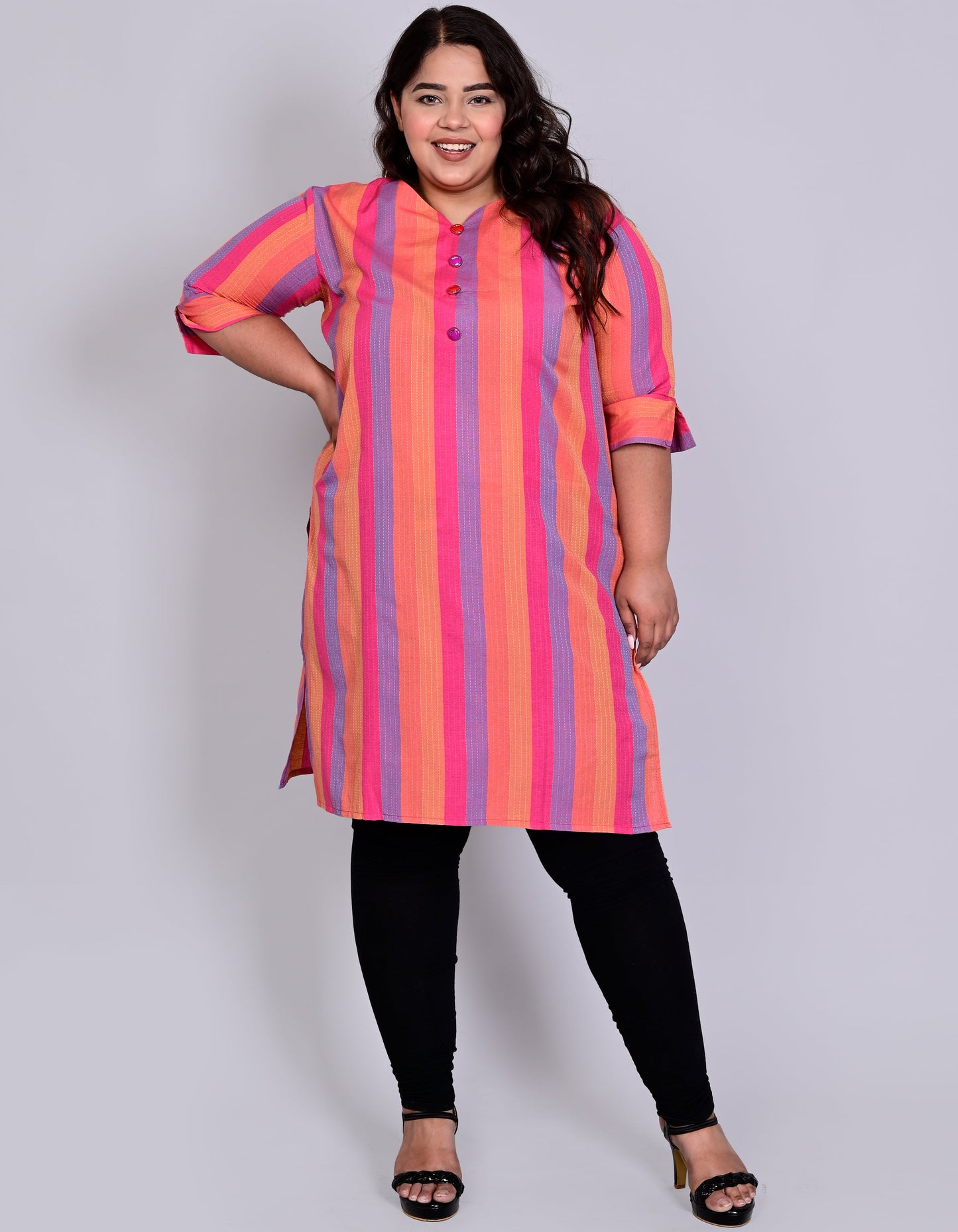Cotton Self Weaved Multi Colour Striped Kurta, Pink