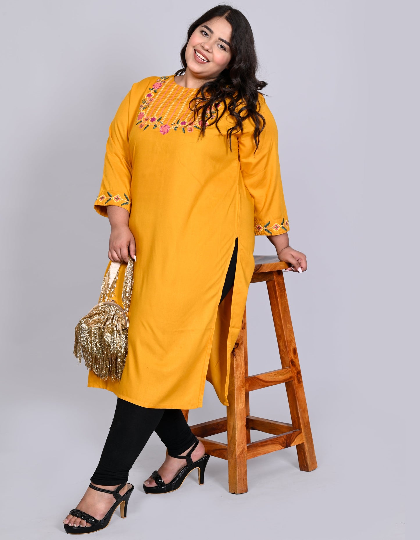 ANUSHIL Women Embroidered Straight Fit Kurta (Yellow)