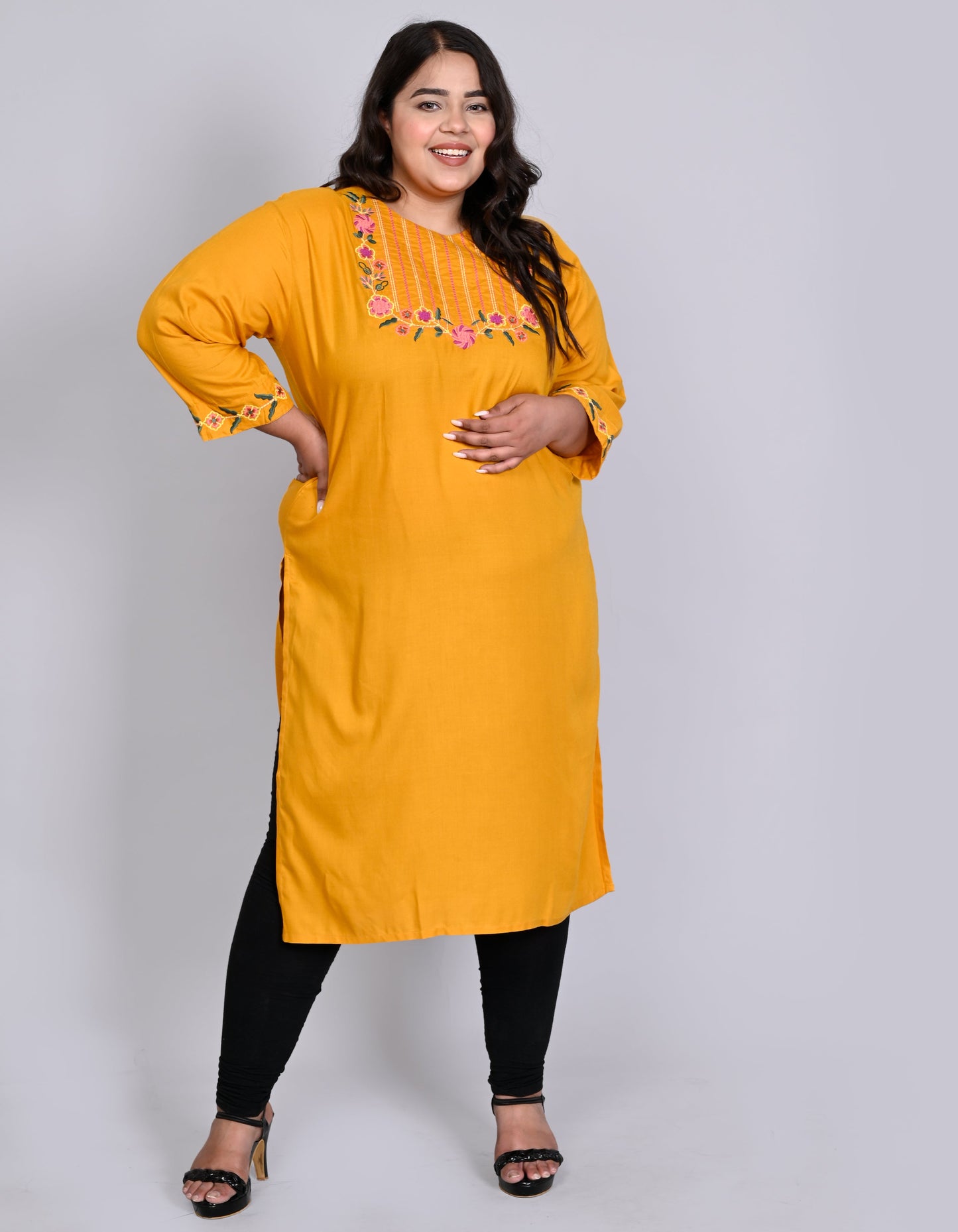 ANUSHIL Women Embroidered Straight Fit Kurta (Yellow)