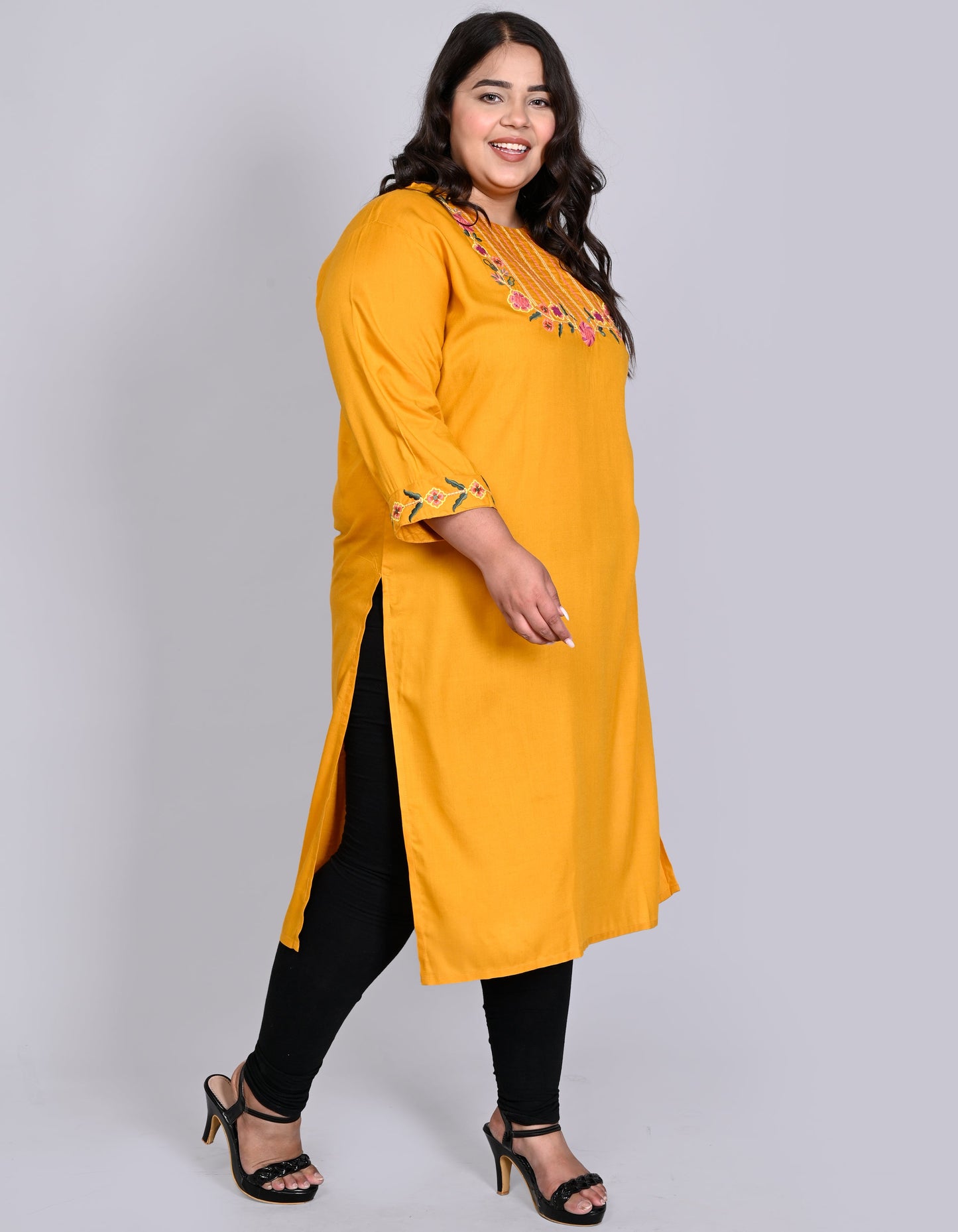 ANUSHIL Women Embroidered Straight Fit Kurta (Yellow)