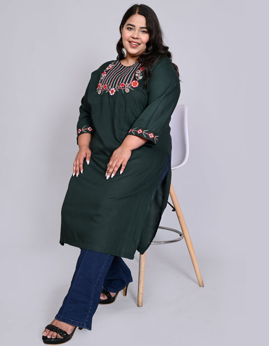 ANUSHIL Women Embroidered Straight Fit Kurta (Green)