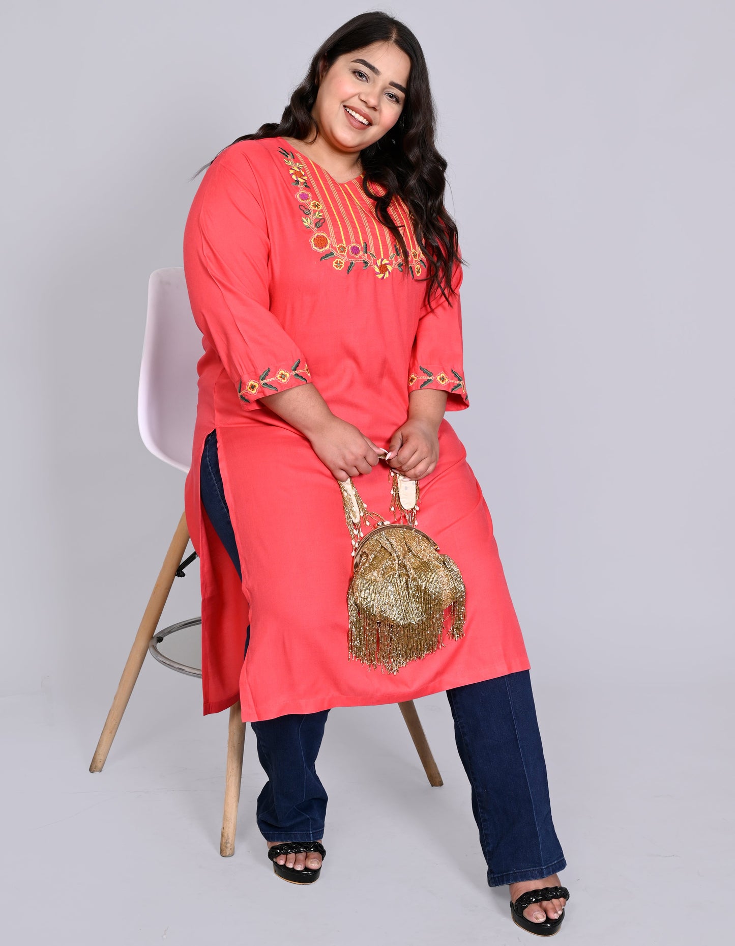 ANUSHIL Women Embroidered Straight Fit Kurta (Pink)