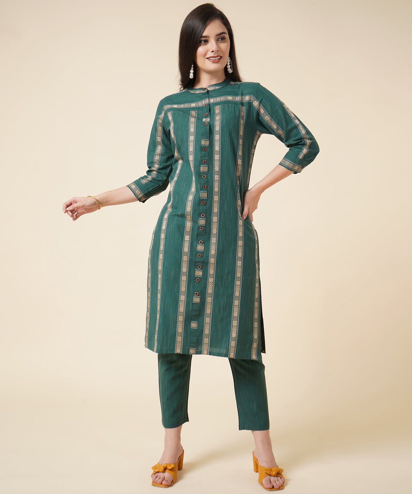 Cotton Kurta Set With Pants Striped Design Pattern, Dark Green