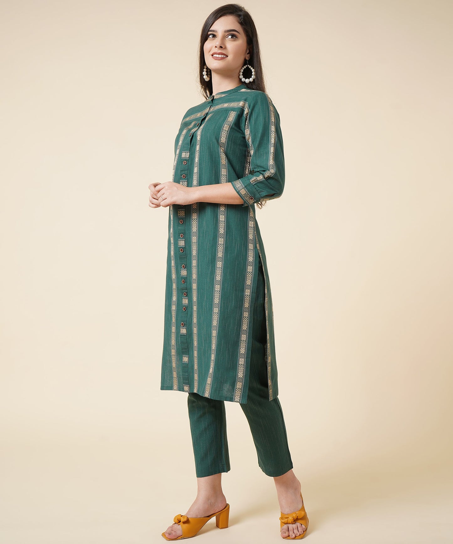 Cotton Kurta Set With Pants Striped Design Pattern, Dark Green