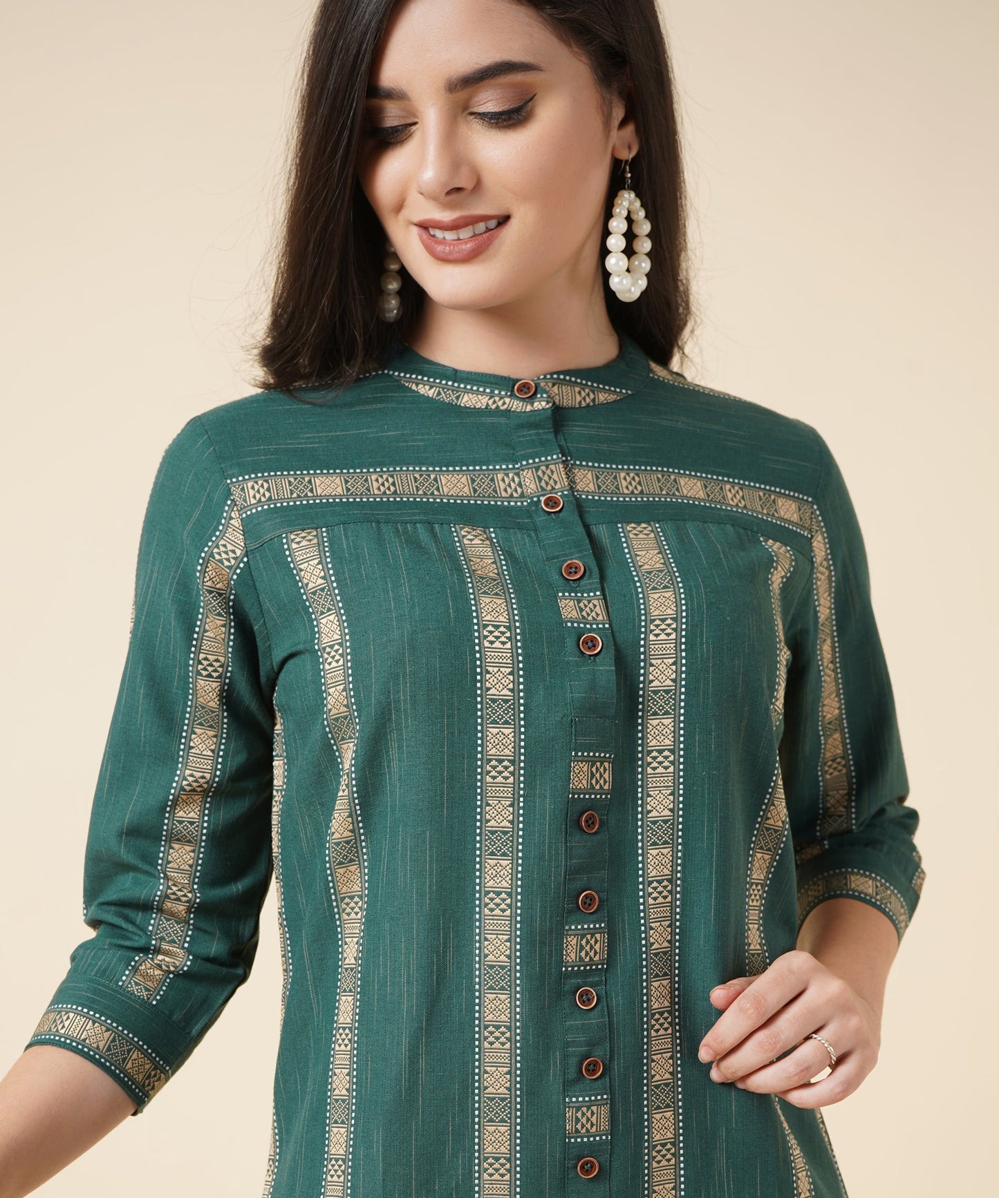 Cotton Kurta Set With Pants Striped Design Pattern, Dark Green