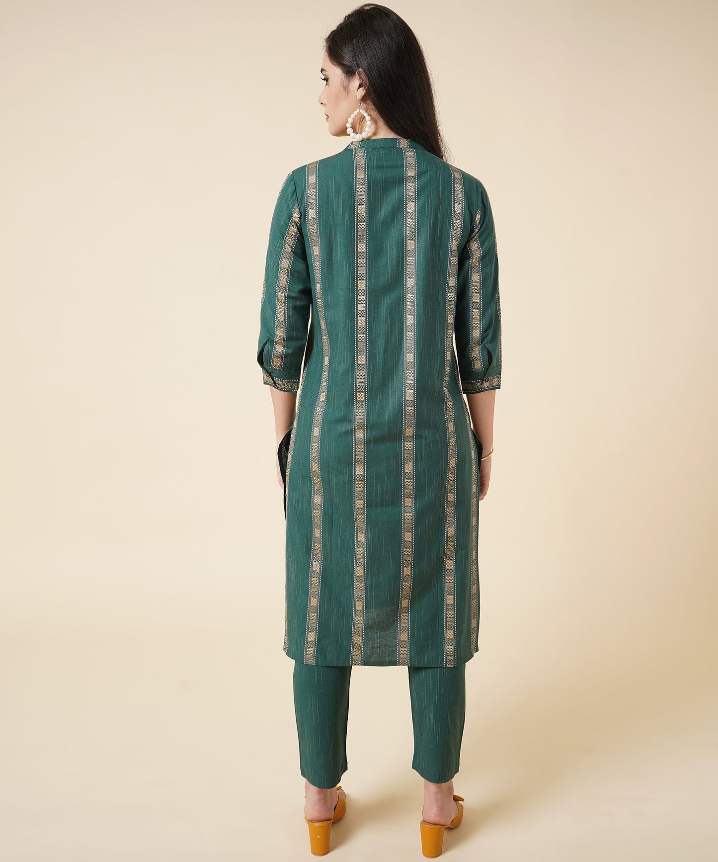 Cotton Kurta Set With Pants Striped Design Pattern, Dark Green