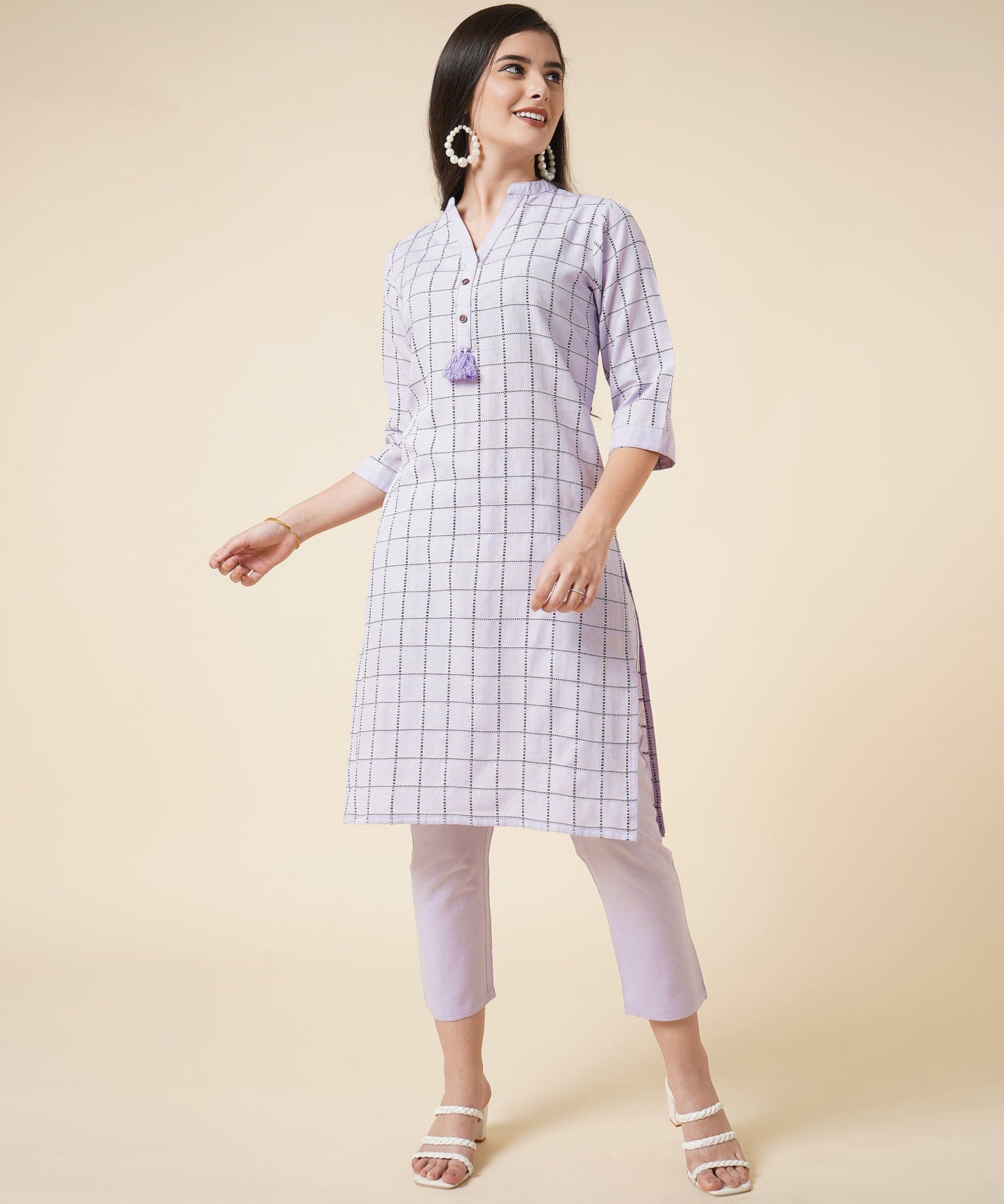 Cotton Kurta Set With Pants Check Design Pattern, Lavender