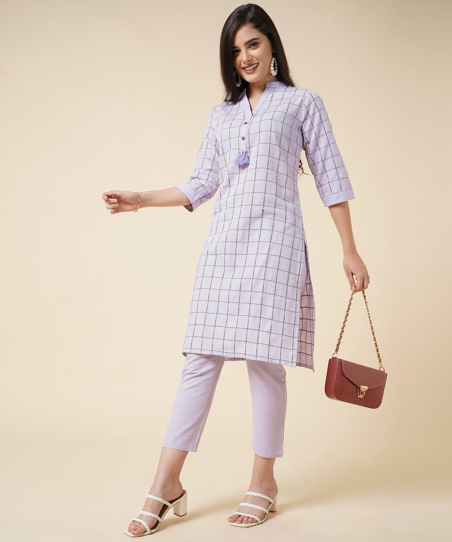Cotton Kurta Set With Pants Check Design Pattern, Lavender
