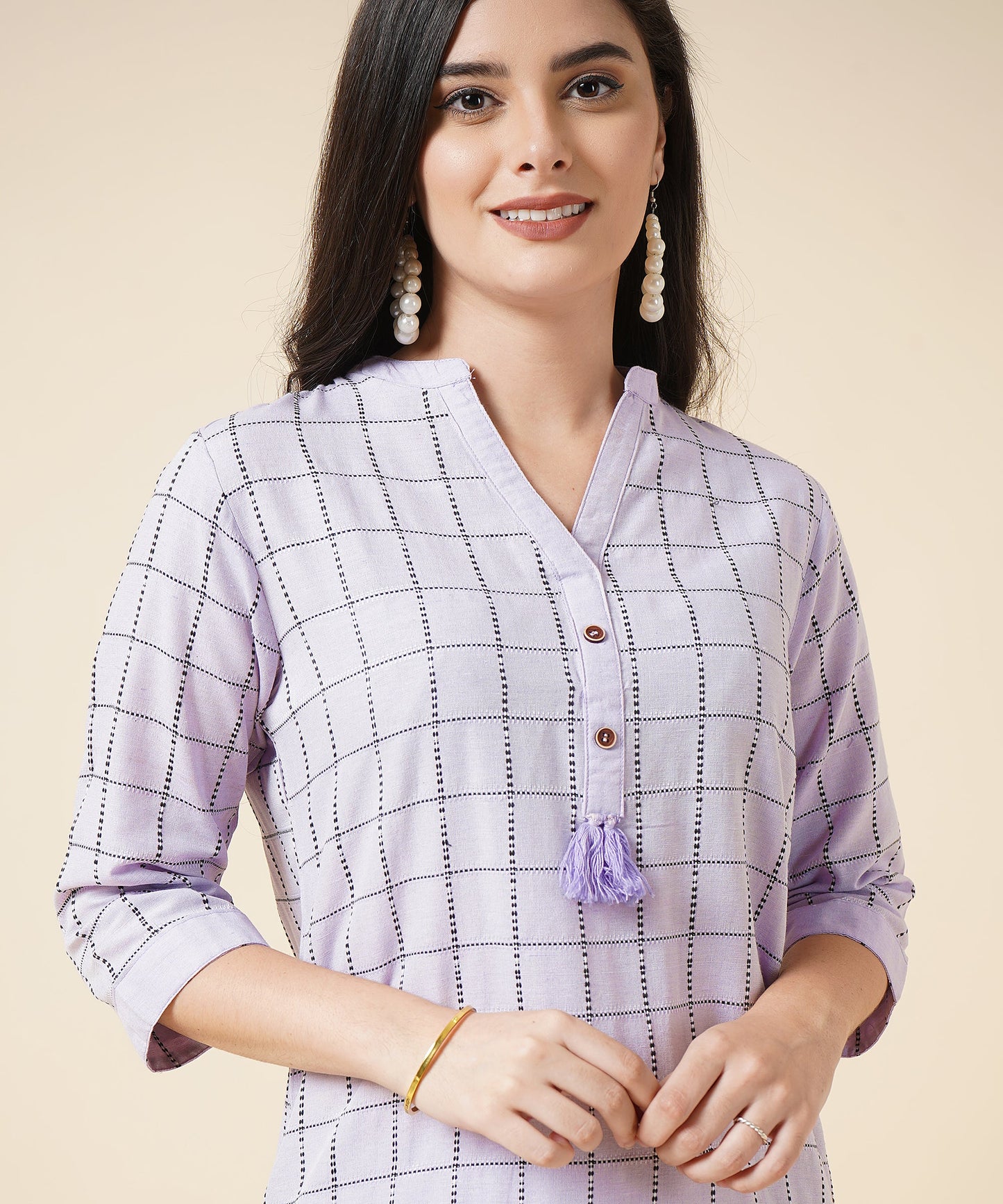 Cotton Kurta Set With Pants Check Design Pattern, Lavender