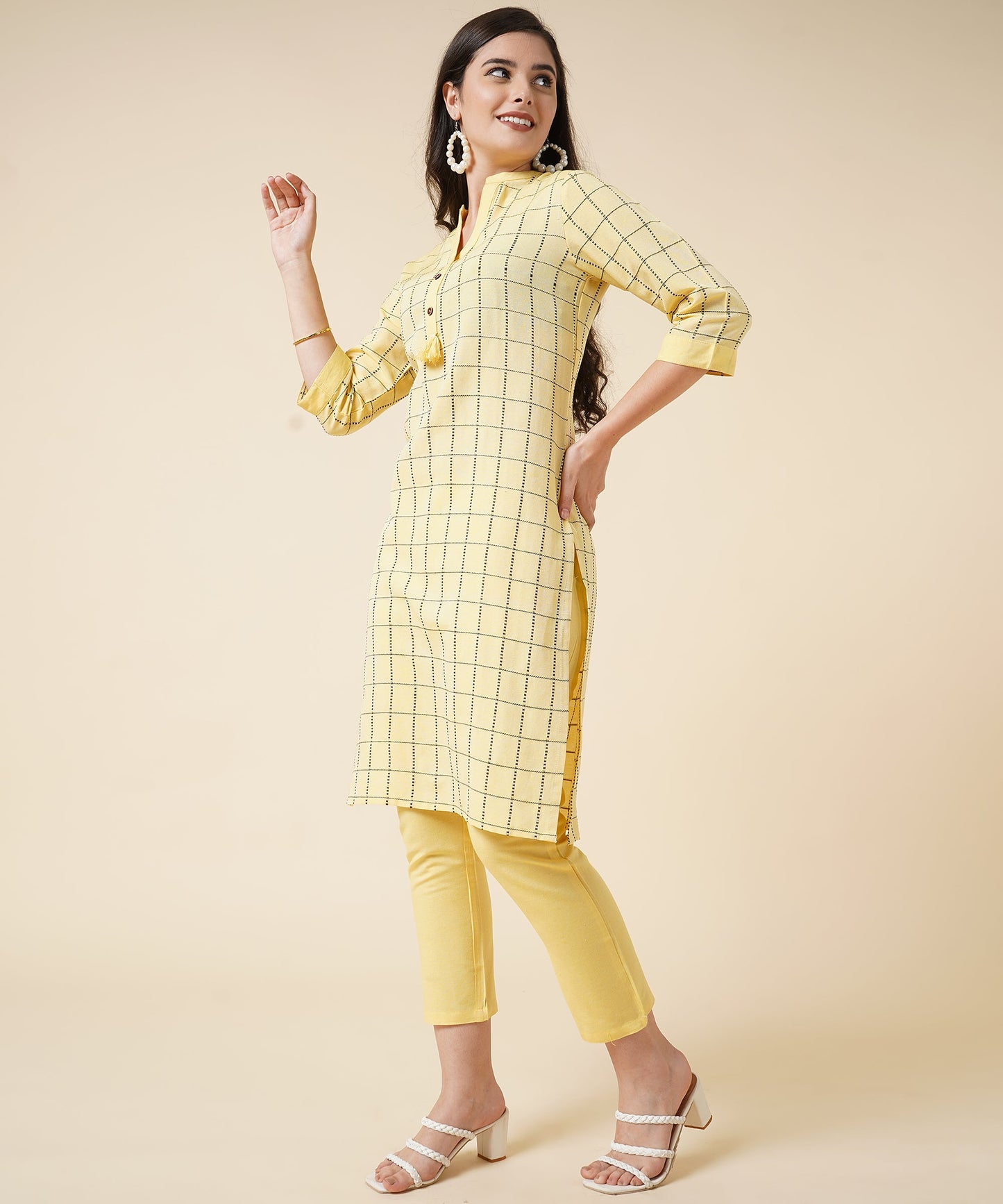 Cotton Kurta Set With Pants Check Design Pattern, Yellow