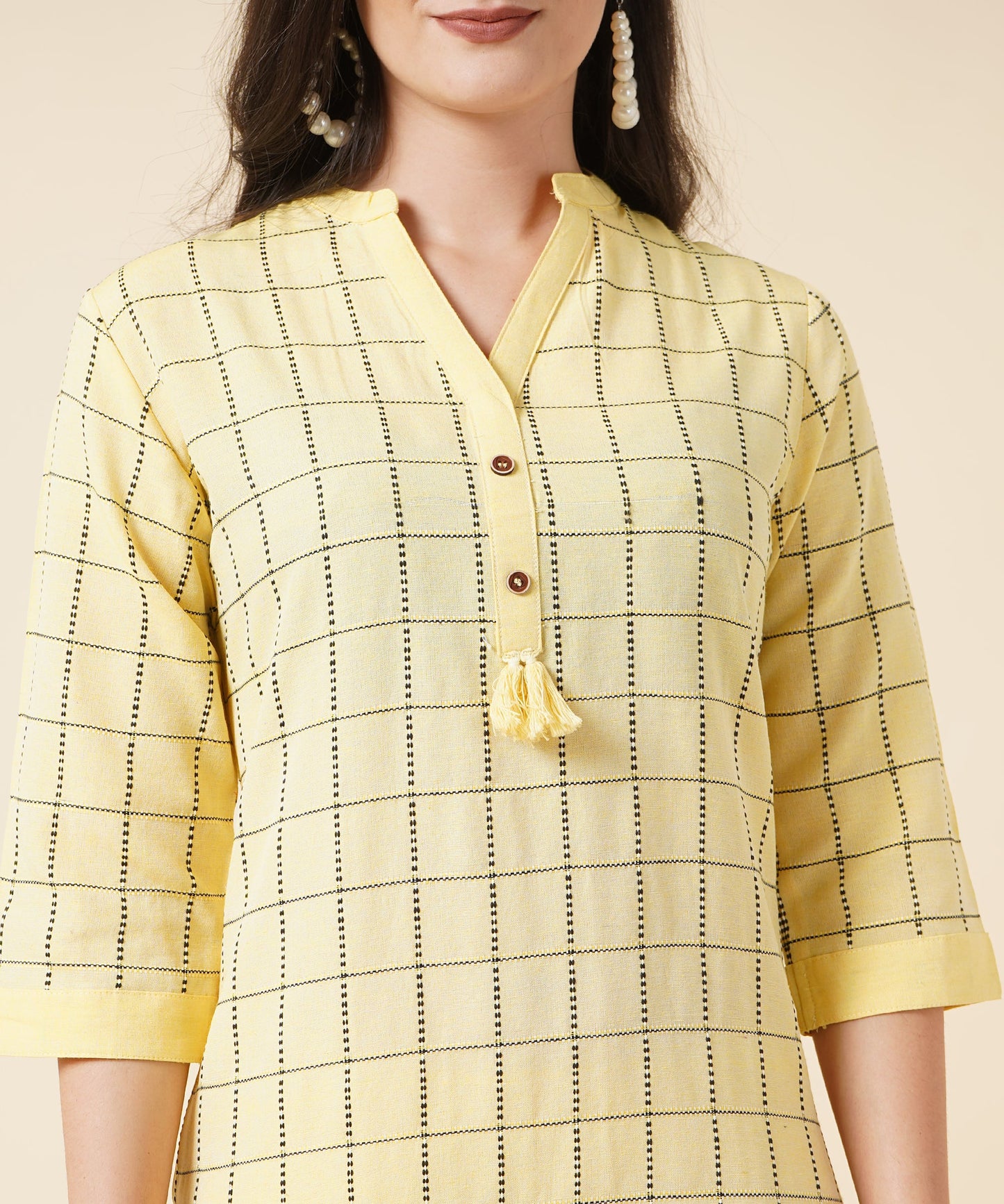 Cotton Kurta Set With Pants Check Design Pattern, Yellow