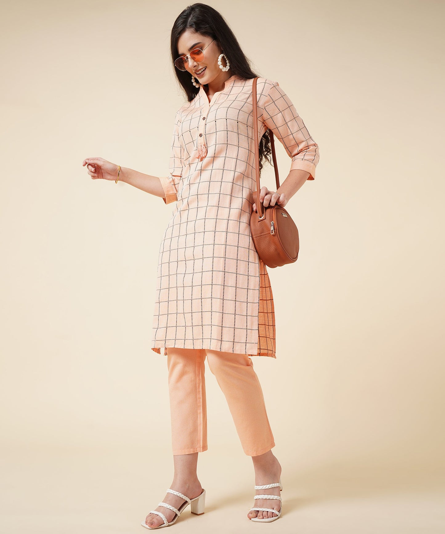Ethnic Kurta Set With Pants Check Design Pattern, Orange