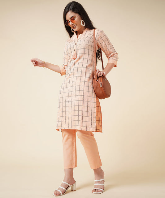 Ethnic Kurta Set With Pants Check Design Pattern, Orange