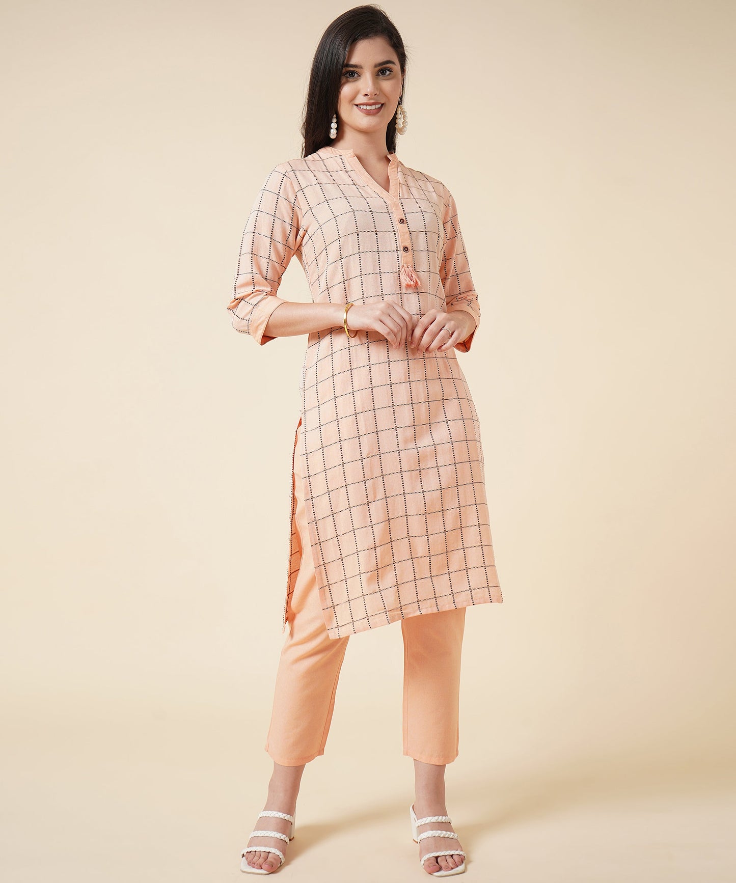 Ethnic Kurta Set With Pants Check Design Pattern, Orange