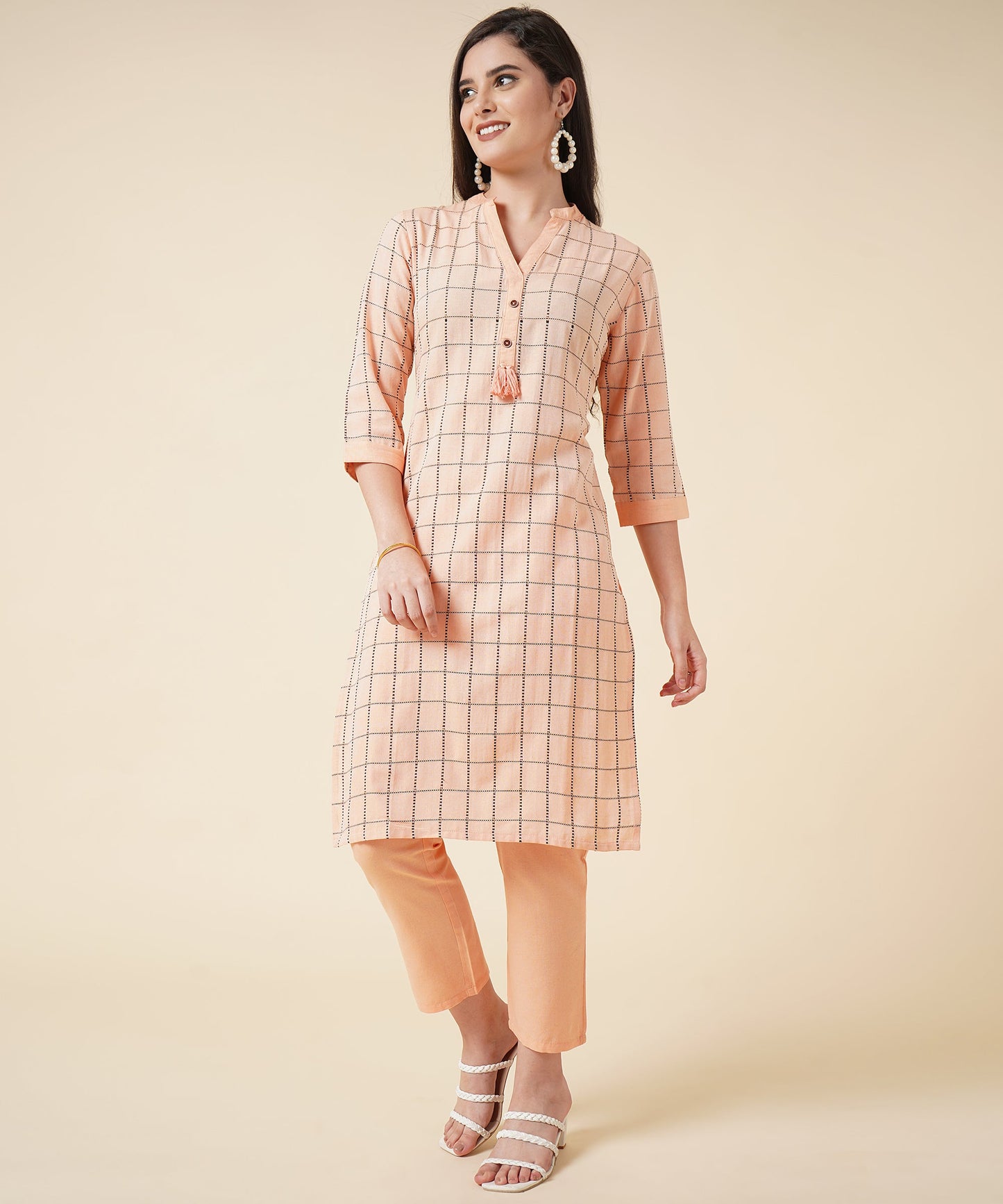 Ethnic Kurta Set With Pants Check Design Pattern, Orange