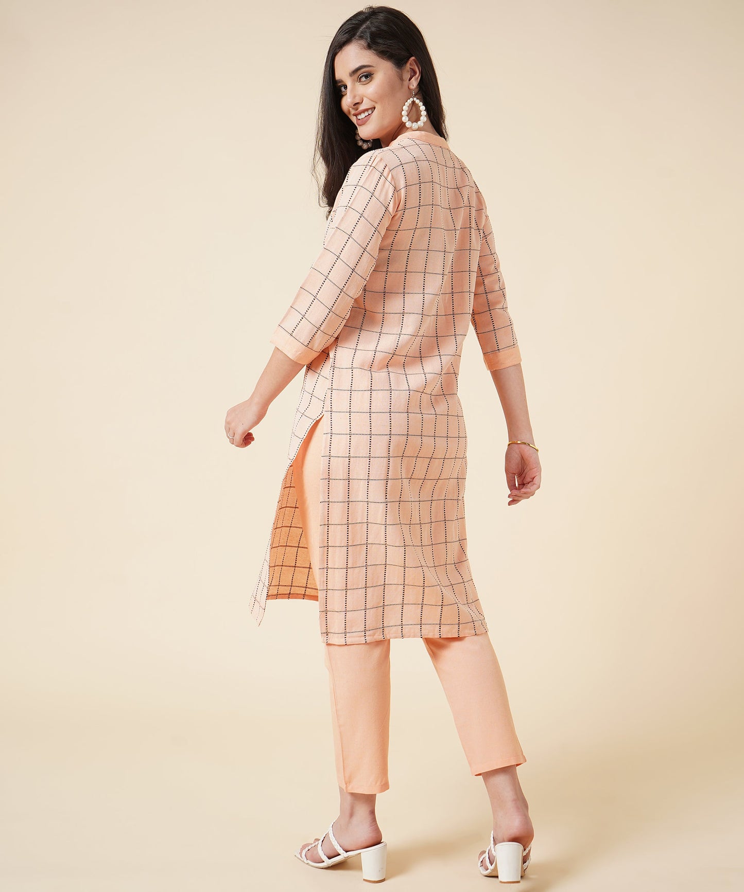 Ethnic Kurta Set With Pants Check Design Pattern, Orange