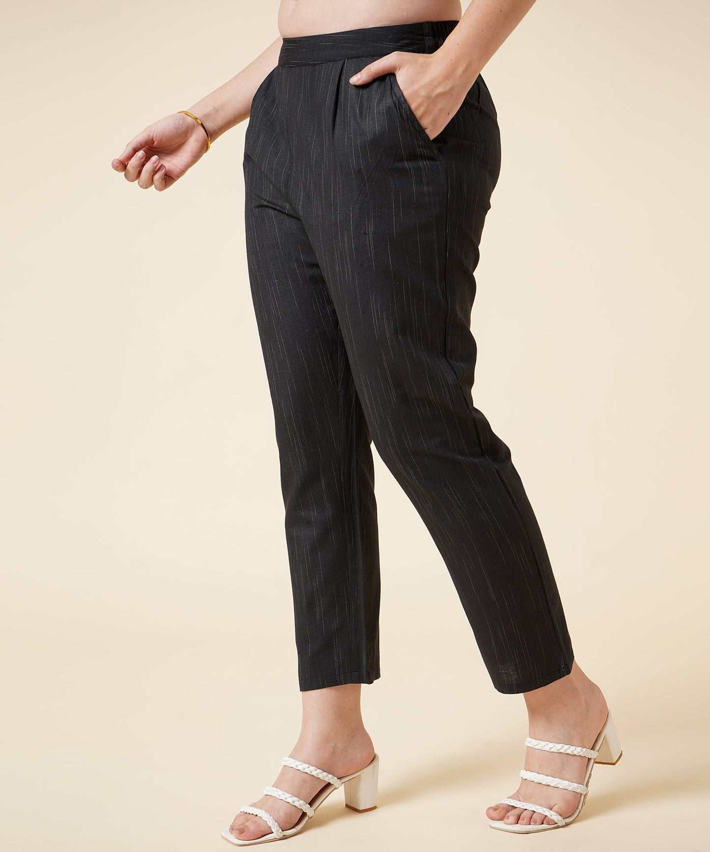 Cotton Kurta Set With Pants Striped Design Pattern,Black