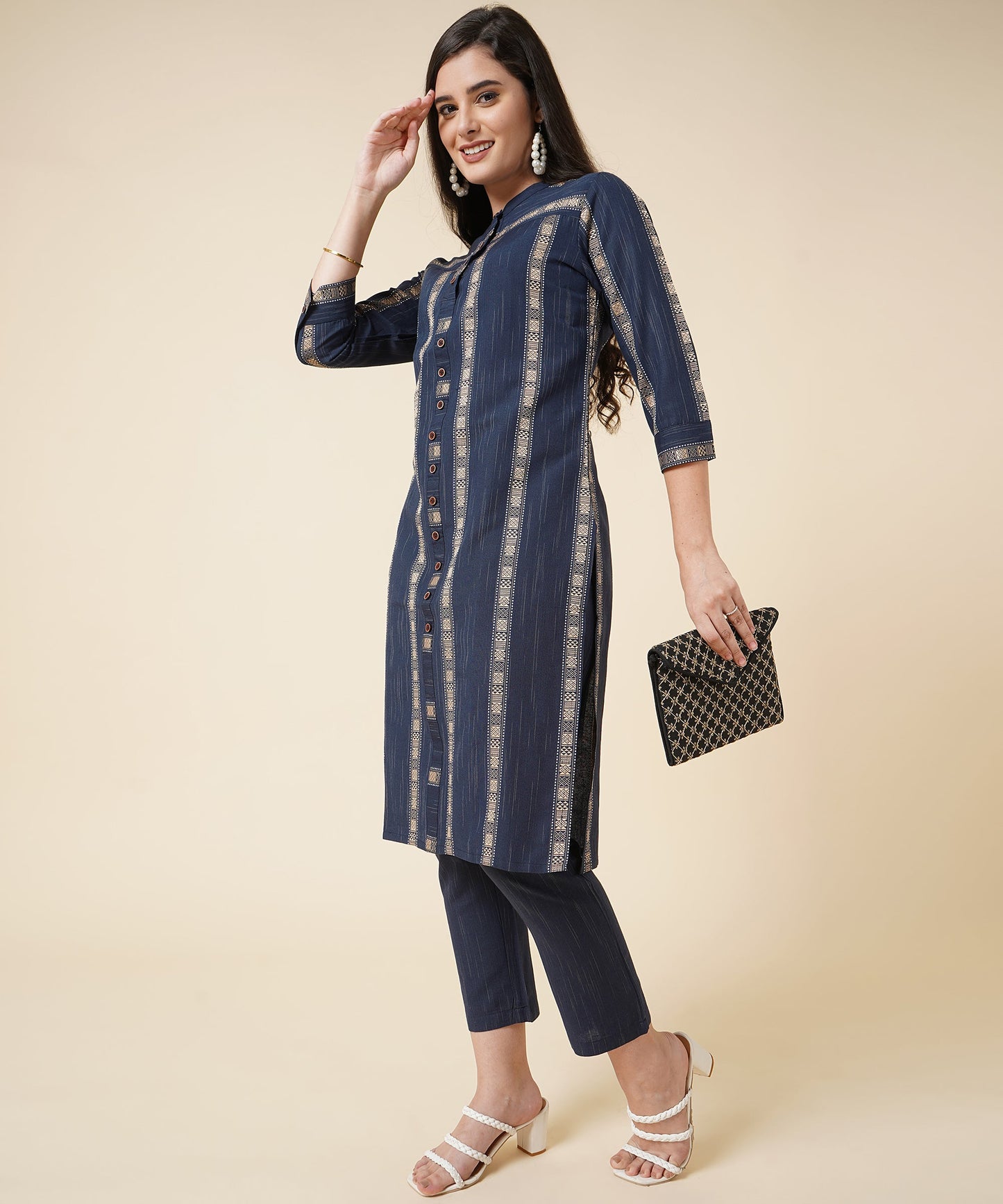 Cotton Kurta Set With Pants Striped Design Pattern, Navy Blue