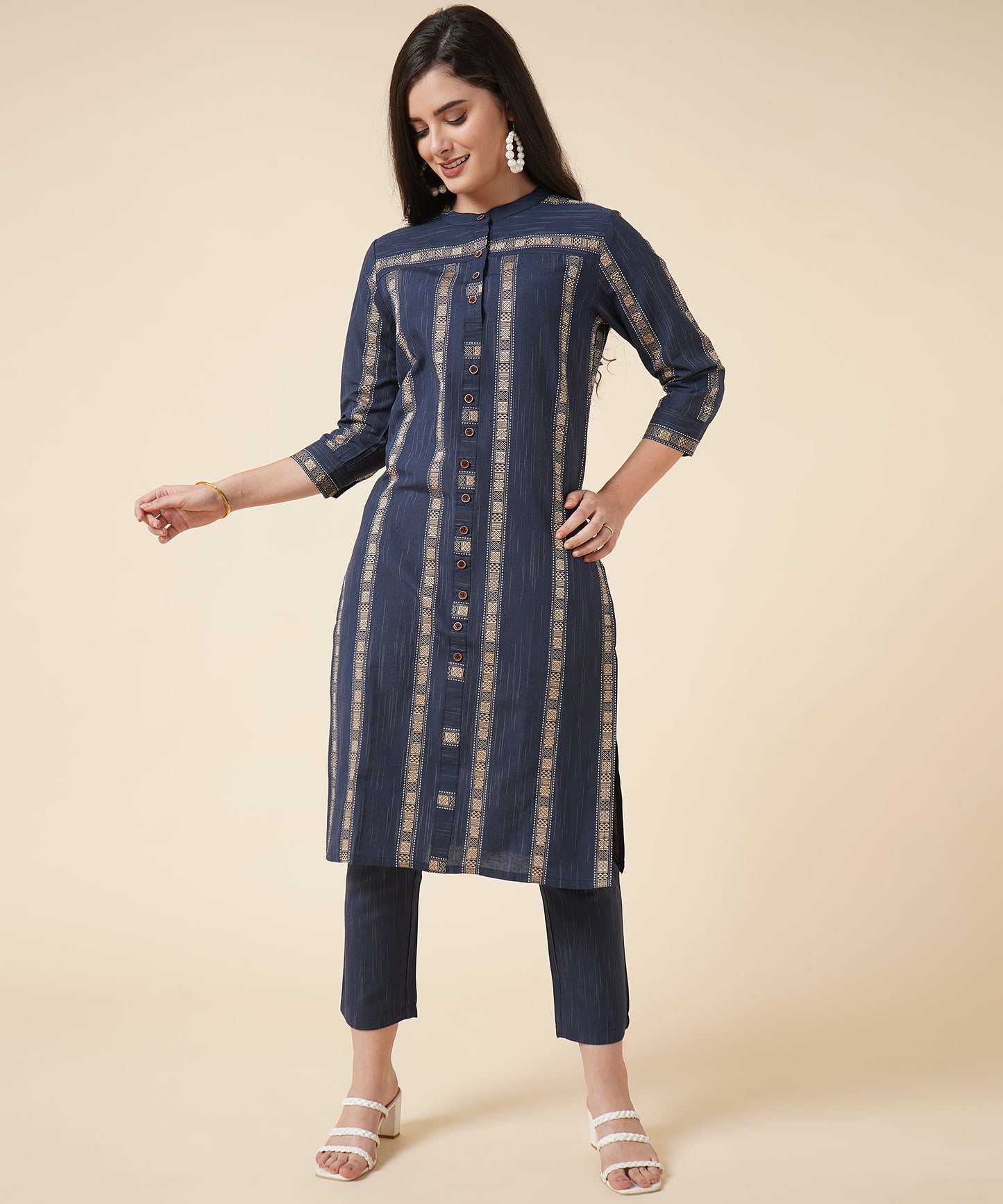 Cotton Kurta Set With Pants Striped Design Pattern, Navy Blue