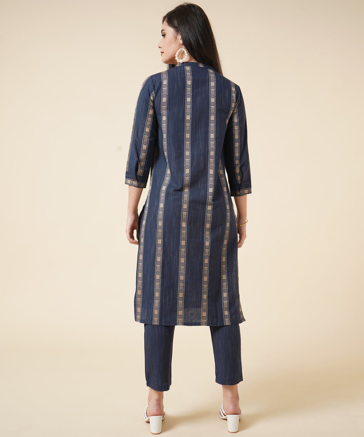 Cotton Kurta Set With Pants Striped Design Pattern, Navy Blue