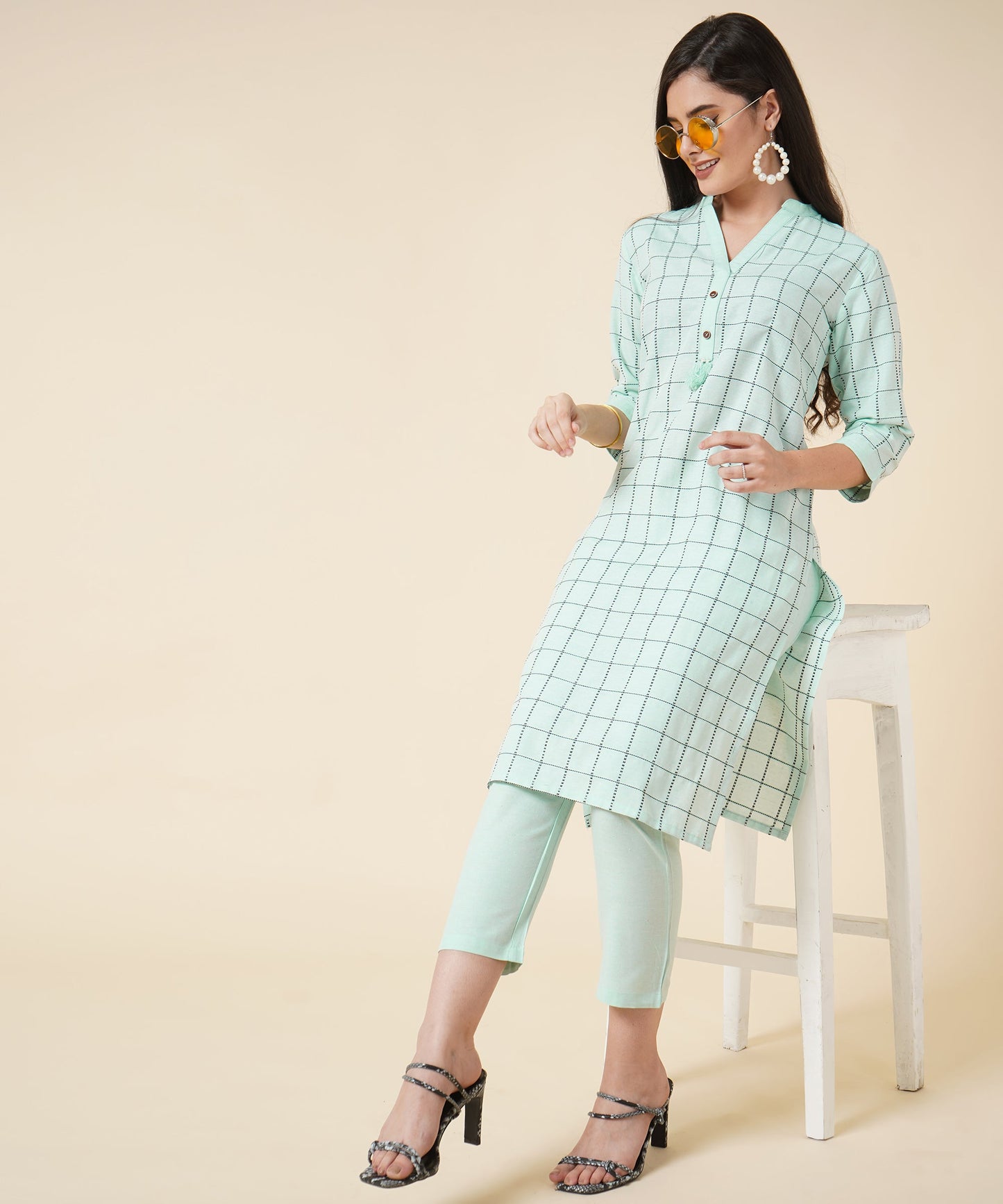 Ethnic Kurta Set With Pants, Check Design Pattern, Blue
